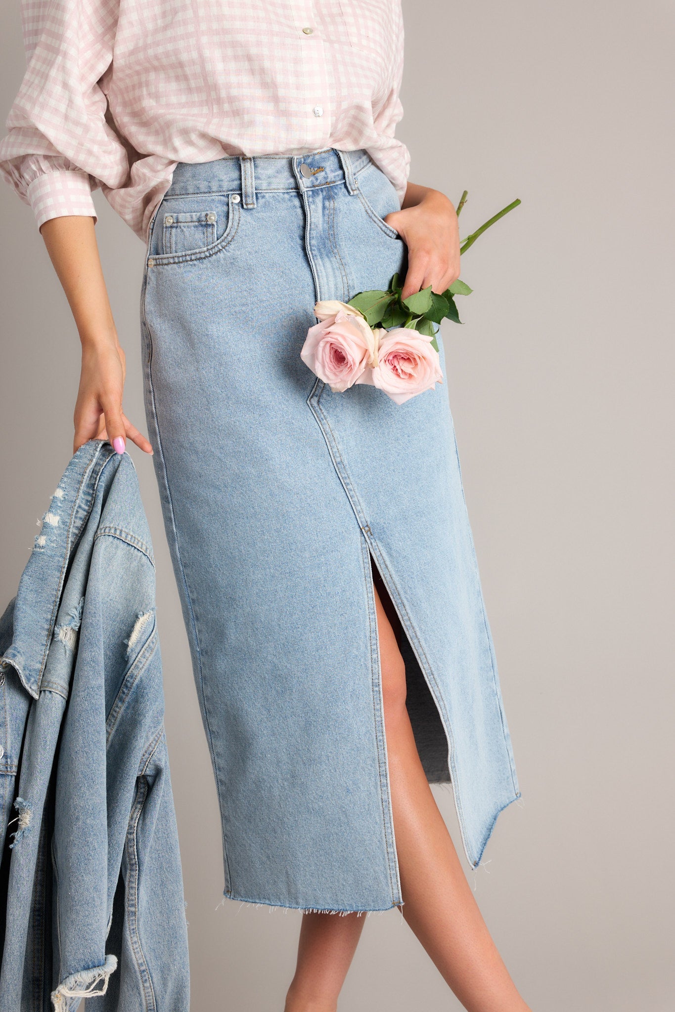 Confident Strides Light Denim Midi Skirt - Red Dress