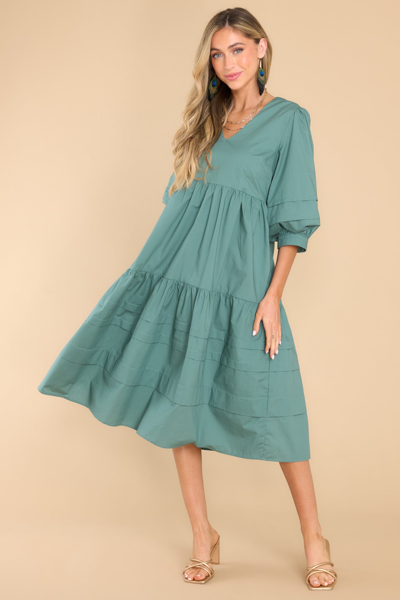 Cozy And Carefree Desert Sage Midi Dress - Red Dress