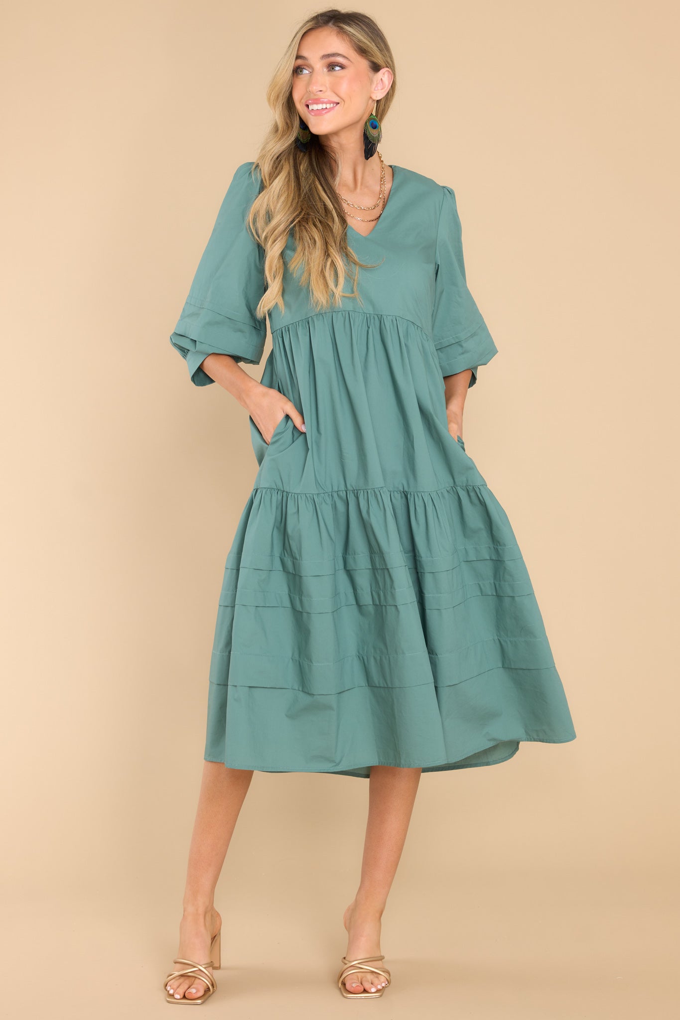 Cozy And Carefree Desert Sage Midi Dress - Red Dress