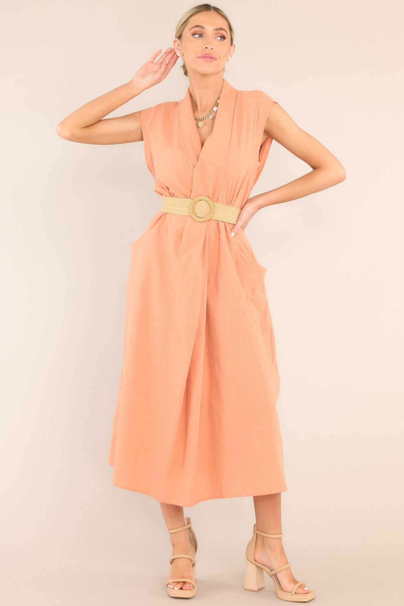 Daily Gratitude Light Clay Belted Midi Dress - Red Dress