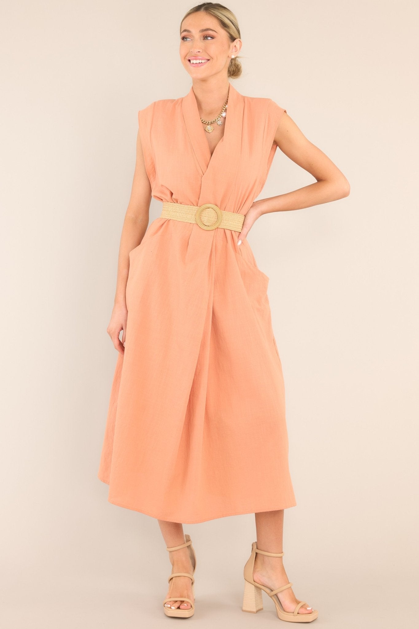 Daily Gratitude Light Clay Belted Midi Dress - Red Dress