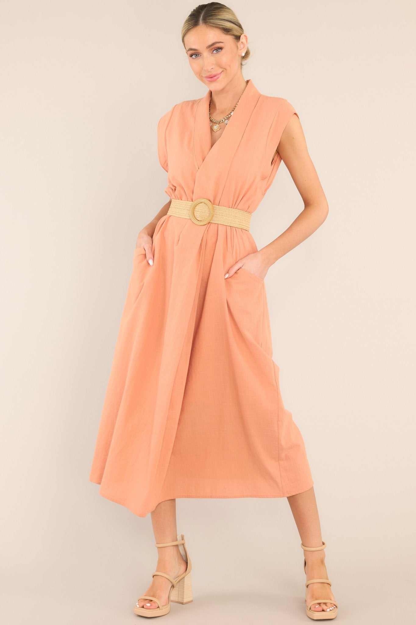 Daily Gratitude Light Clay Belted Midi Dress - Red Dress