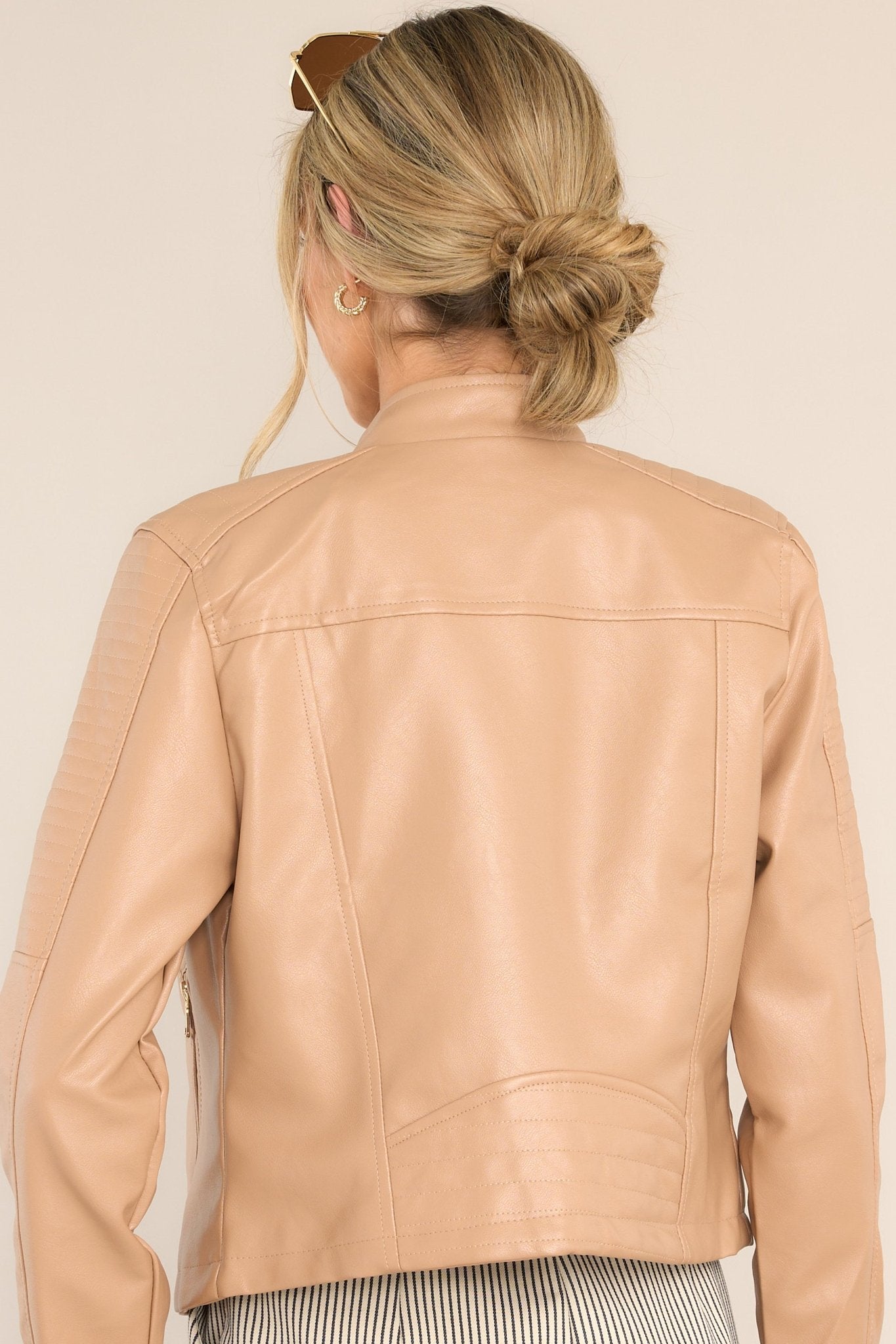 Beige Faux Leather Moto Jacket Outerwear Red Dress