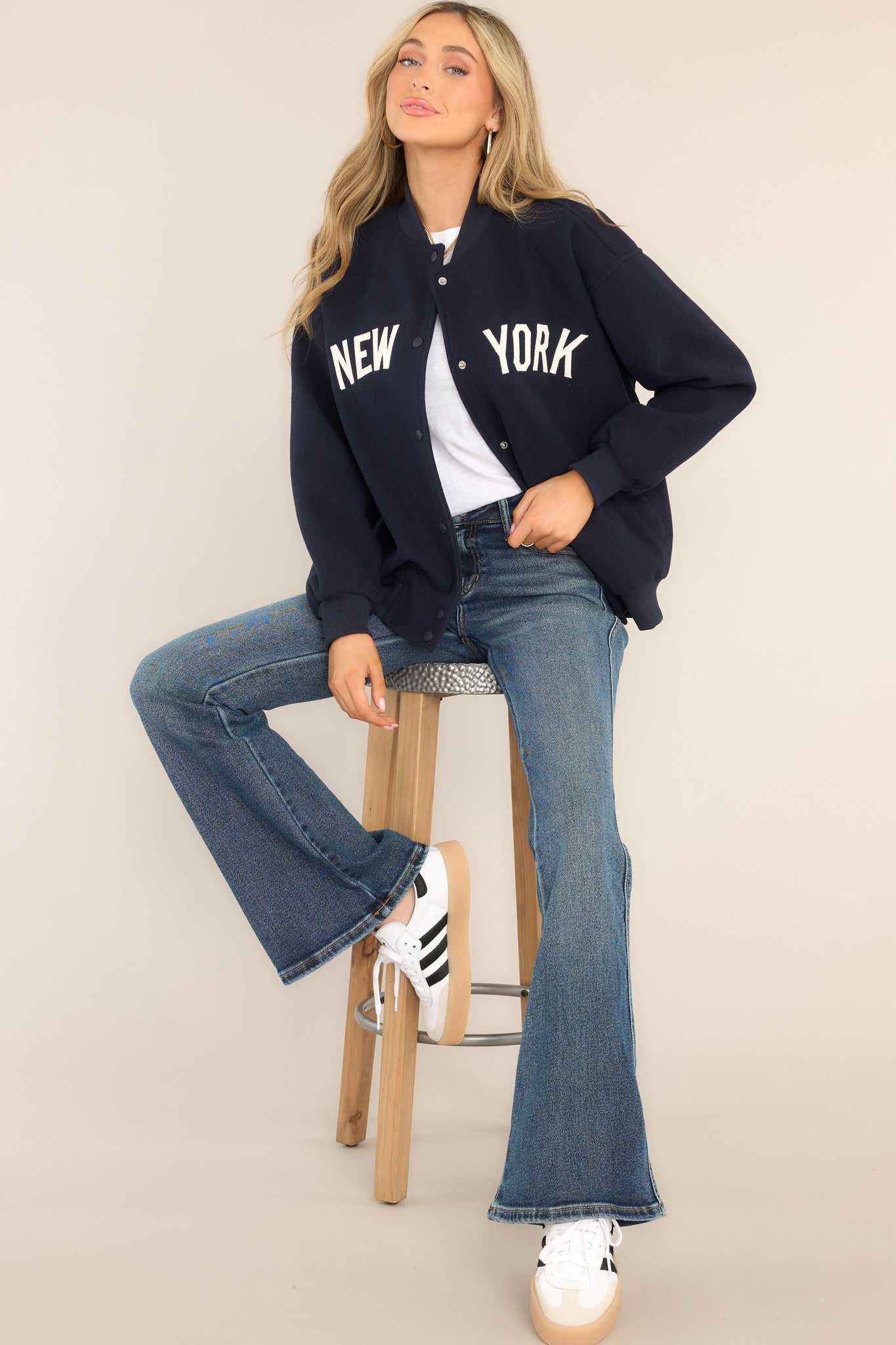 Do Better Navy Blue New York Varsity Jacket - Red Dress