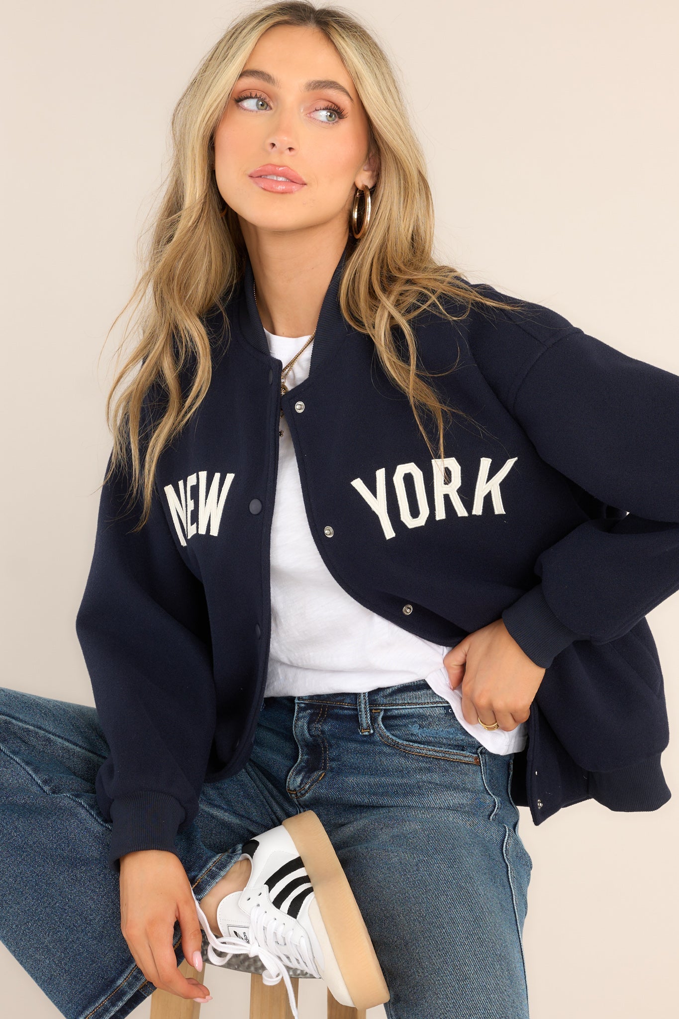 Do Better Navy Blue New York Varsity Jacket - Red Dress