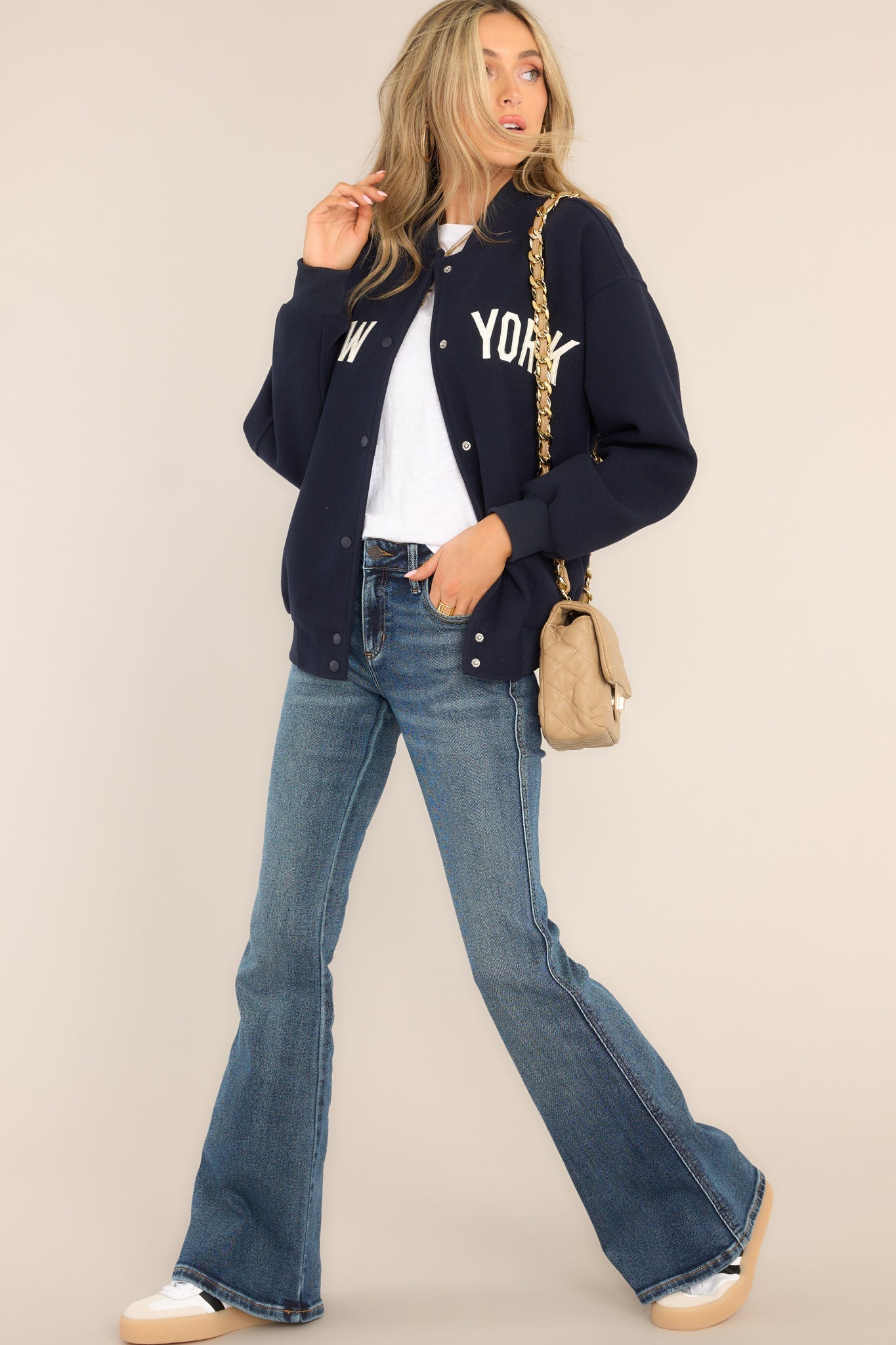 Do Better Navy Blue New York Varsity Jacket - Red Dress