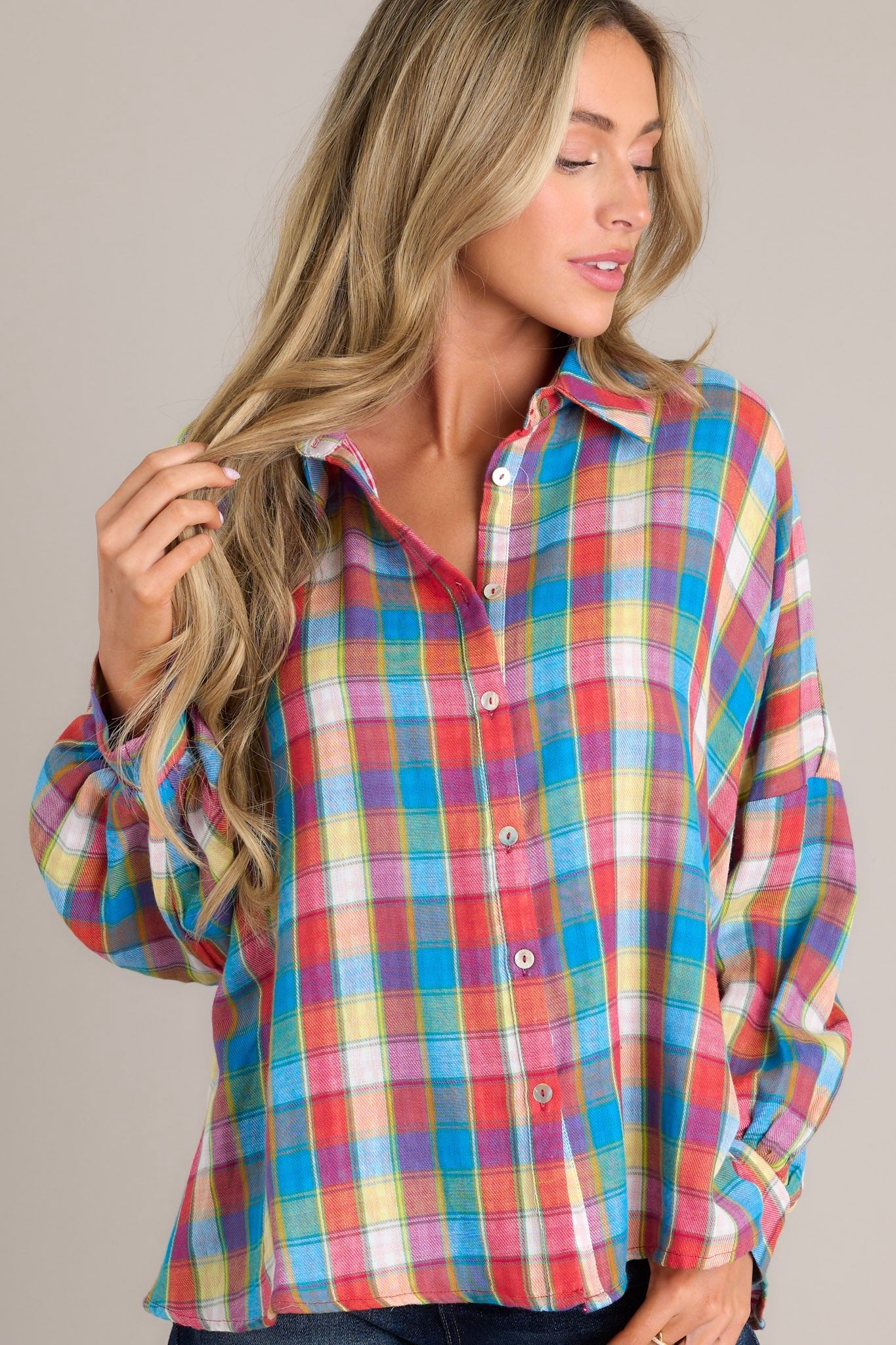 Doesn't Add Up Blue Multi Plaid Top - Red Dress