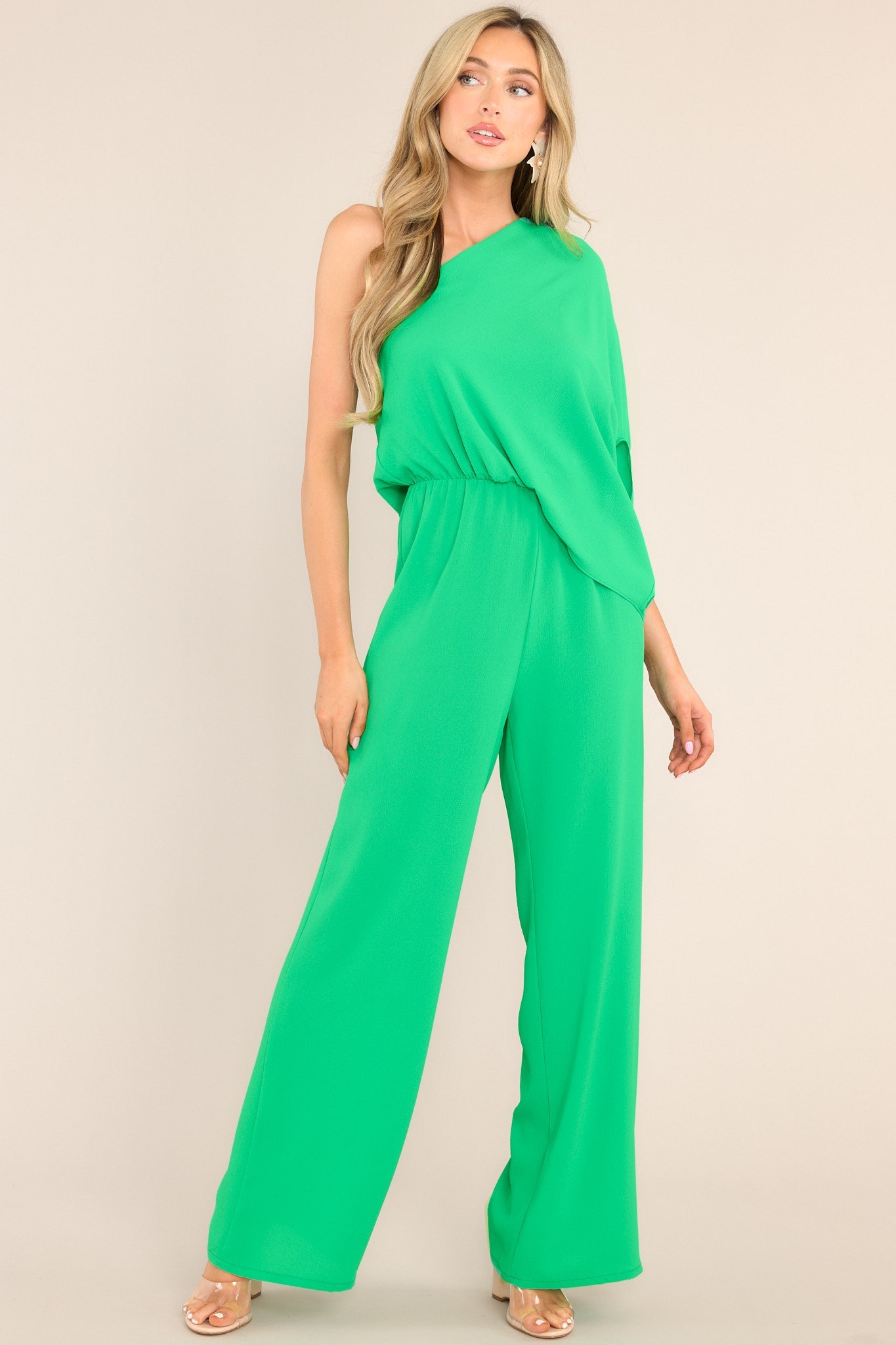 Dreaming Of New Green One Shoulder Jumpsuit - Red Dress