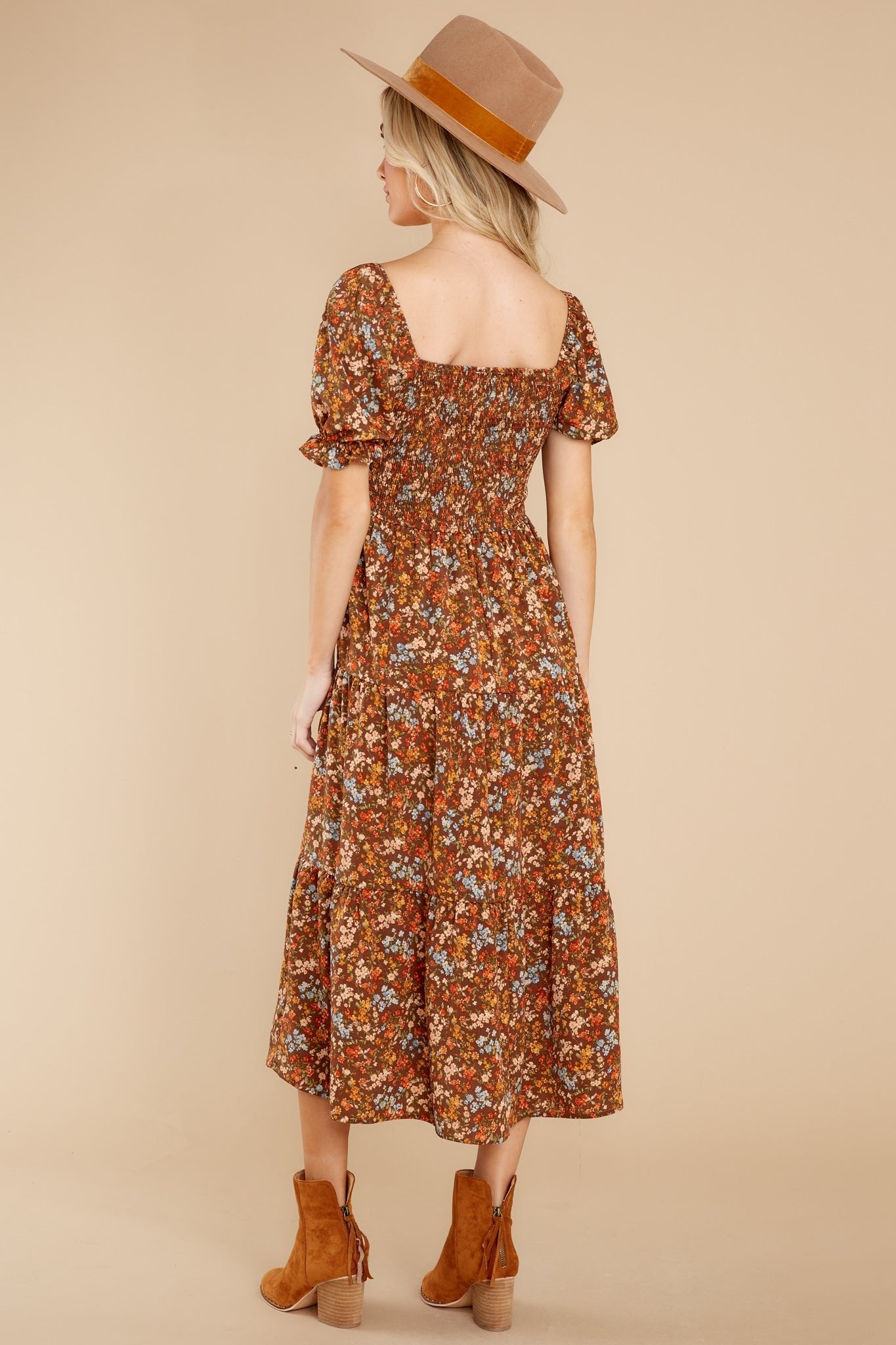 Easy To Love Brown Floral Midi Dress - Red Dress
