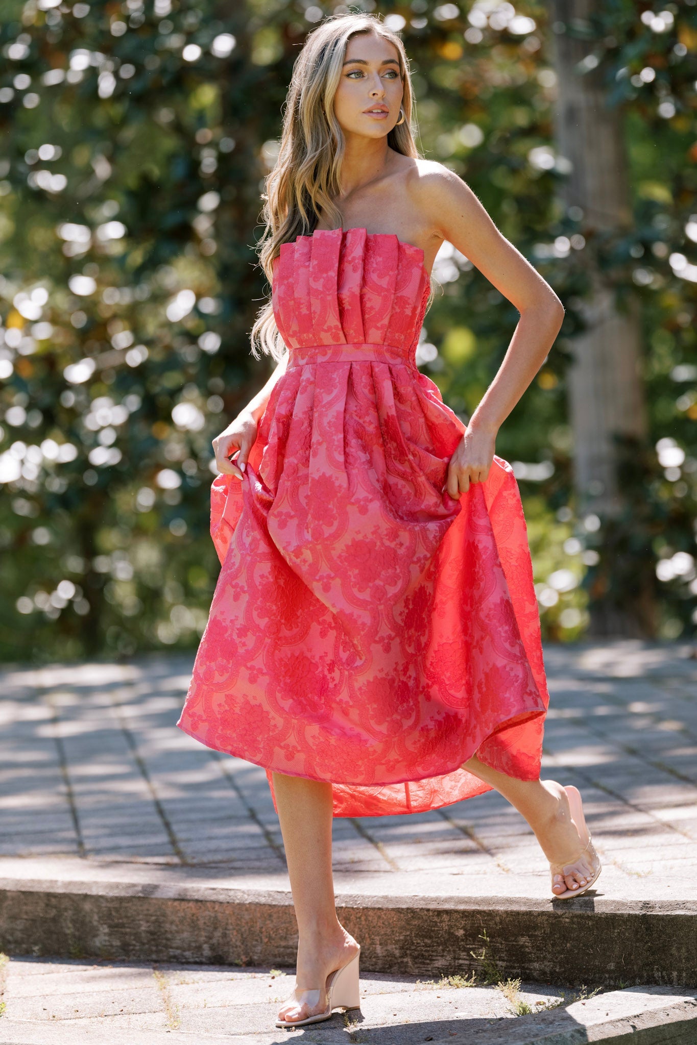 Enchanted Elegance Hot Pink Embossed Strapless Midi Dress - Red Dress