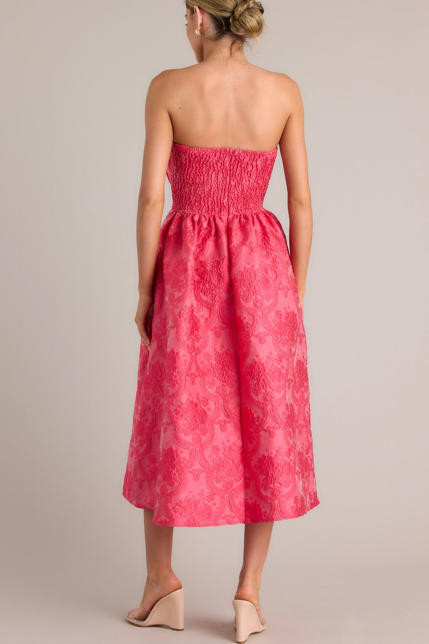 Enchanted Elegance Hot Pink Embossed Strapless Midi Dress - Red Dress