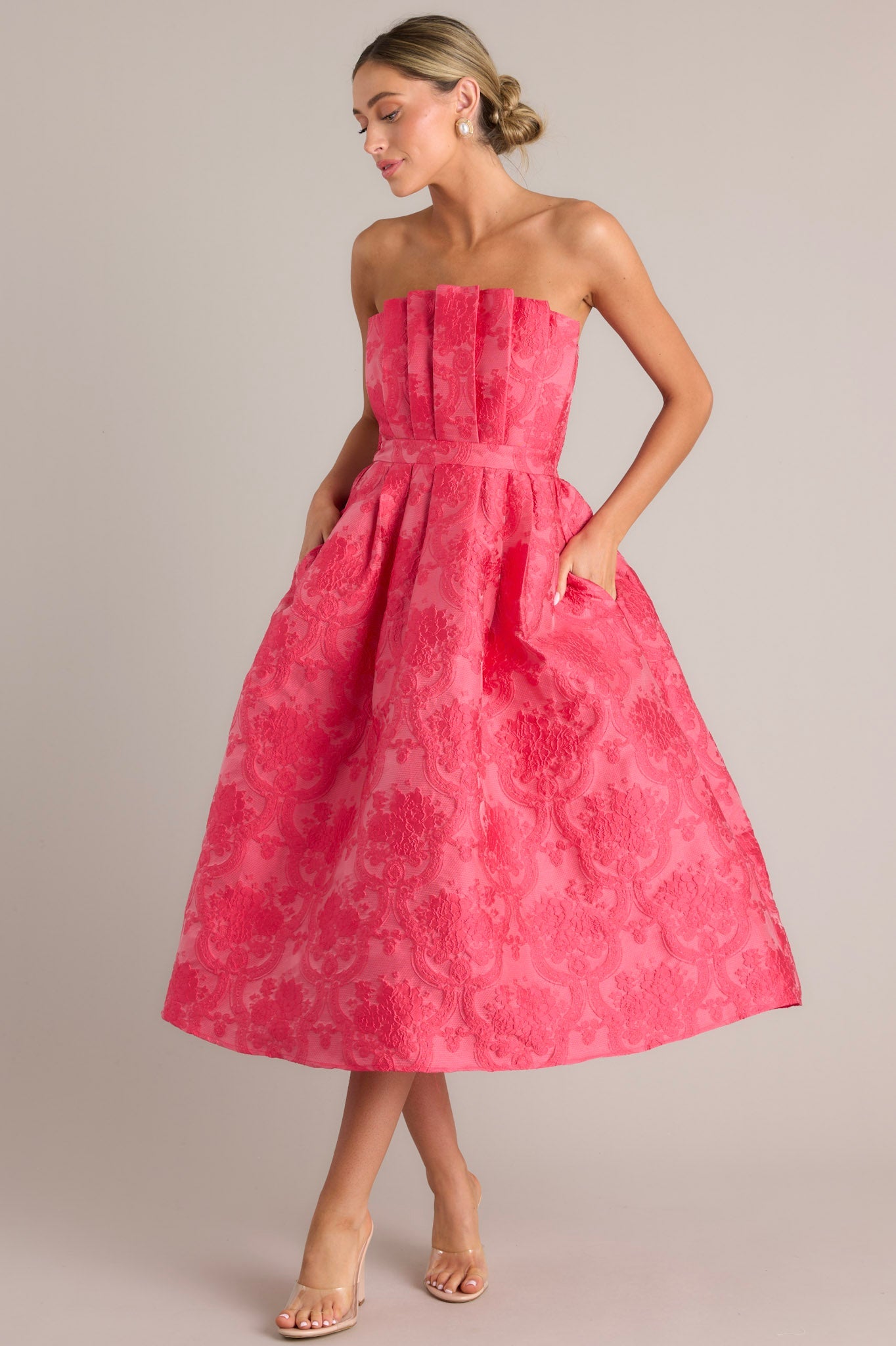 Enchanted Elegance Hot Pink Embossed Strapless Midi Dress - Red Dress