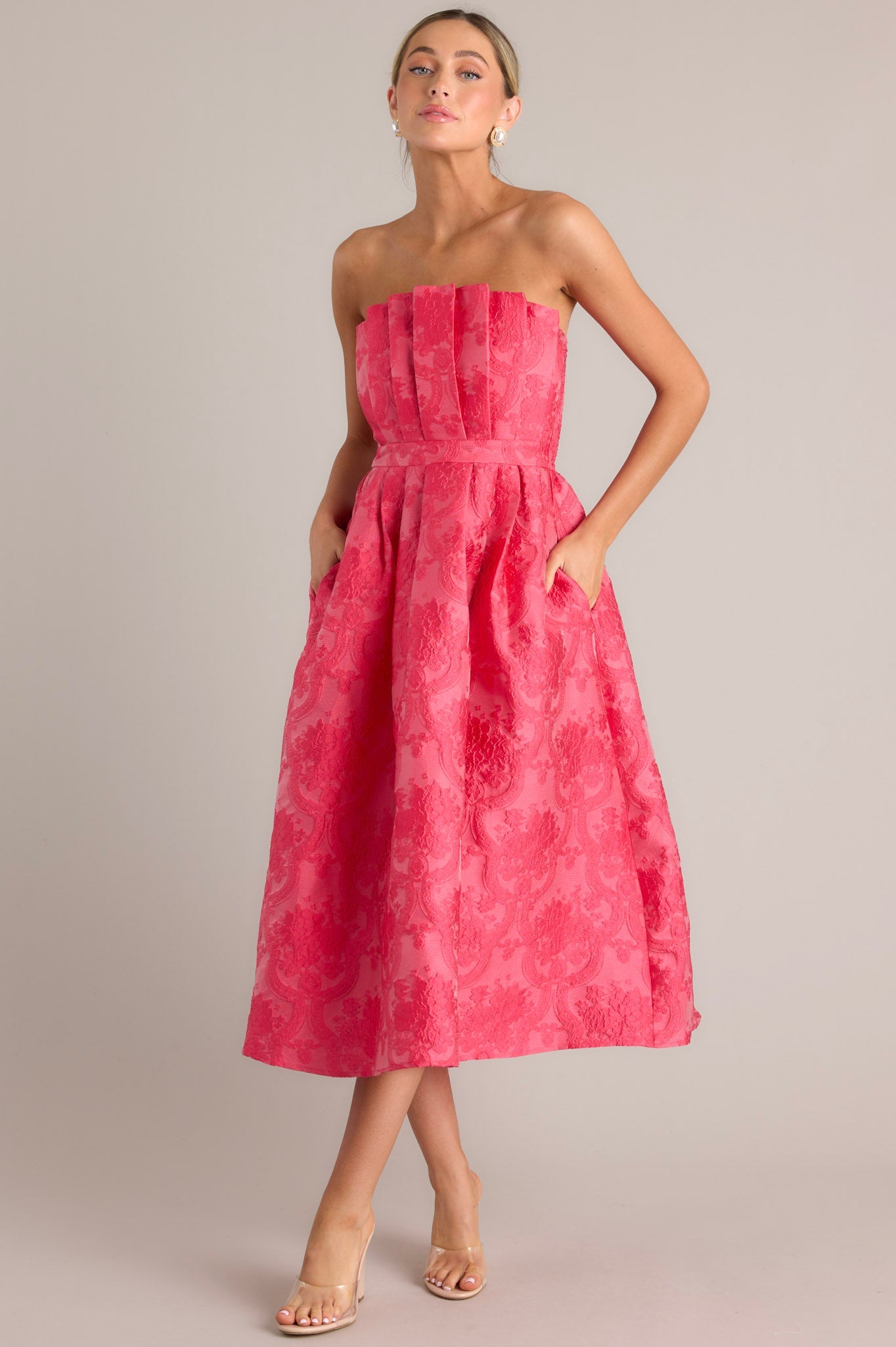 Enchanted Elegance Hot Pink Embossed Strapless Midi Dress - Red Dress