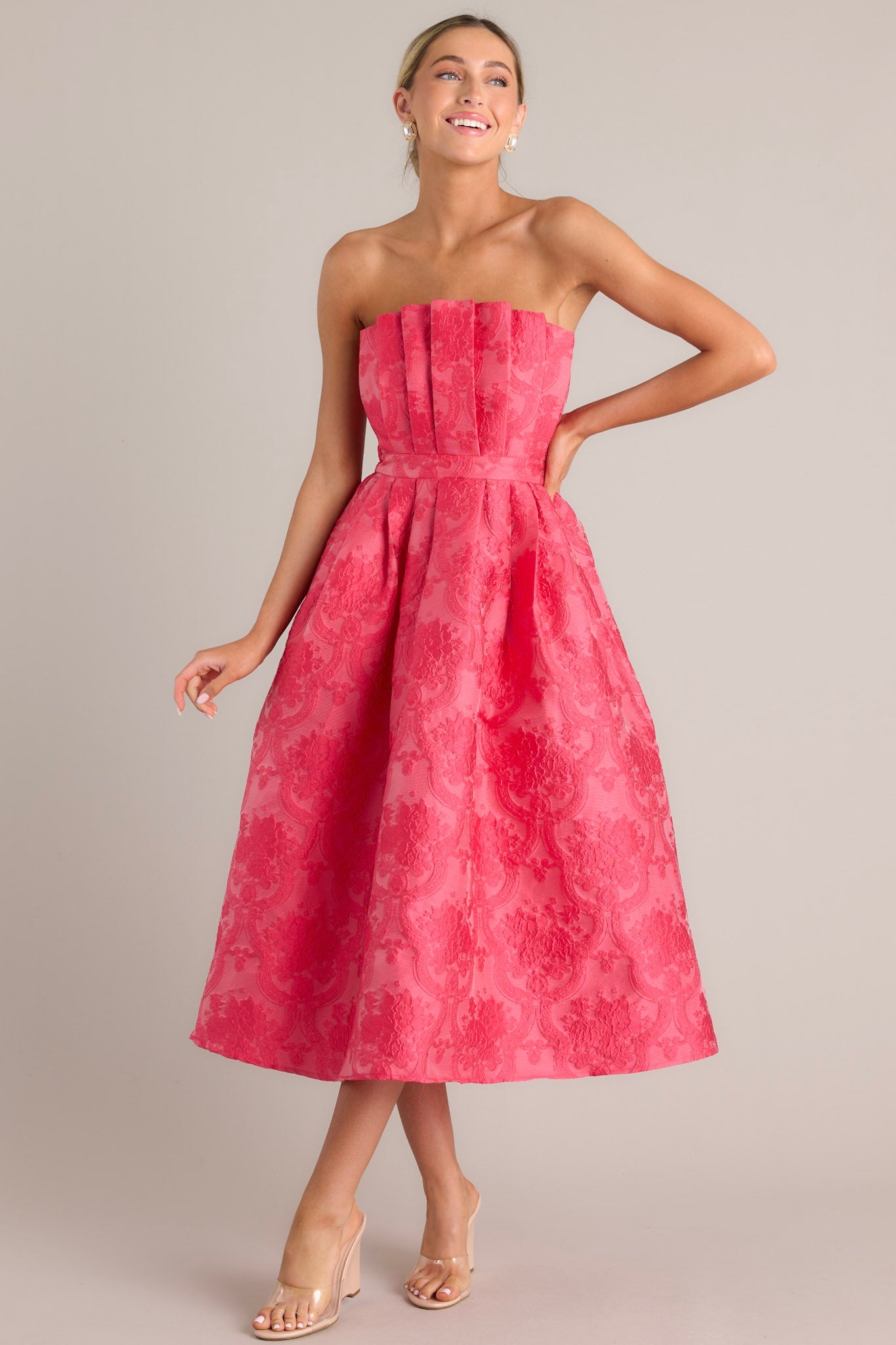 Enchanted Elegance Hot Pink Embossed Strapless Midi Dress - Red Dress