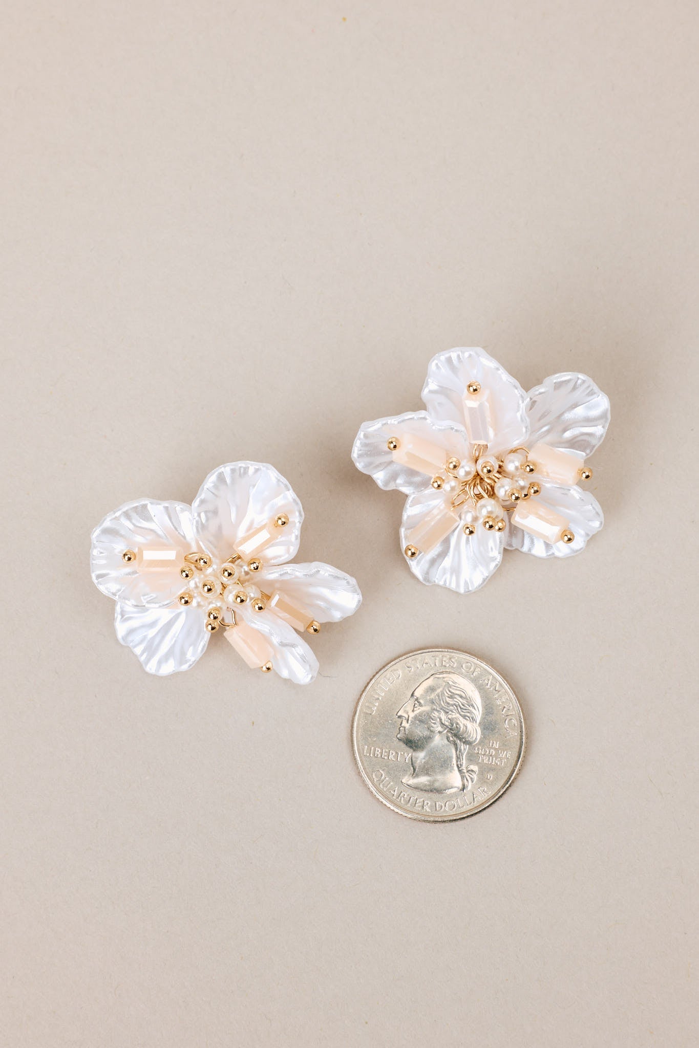 Ethereal Glow Ivory Pearlescent Floral Earrings - Red Dress