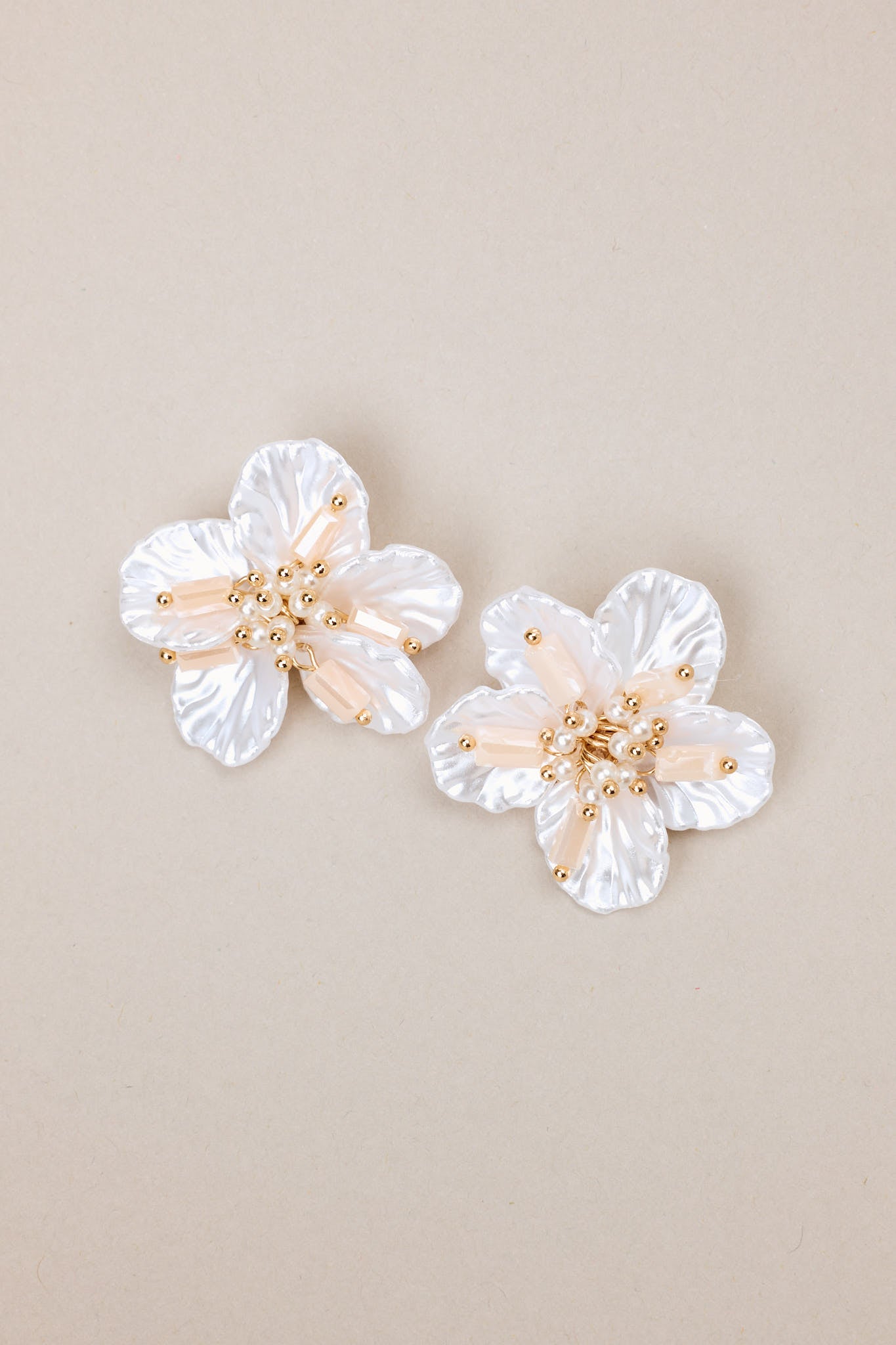 Ethereal Glow Ivory Pearlescent Floral Earrings - Red Dress