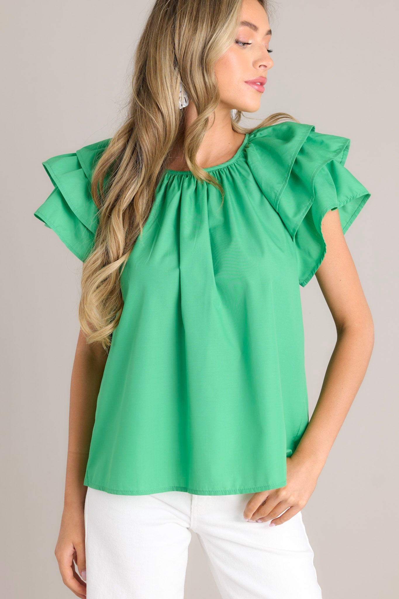 Everyday Radiance Green Ruffle Sleeve Top - Red Dress