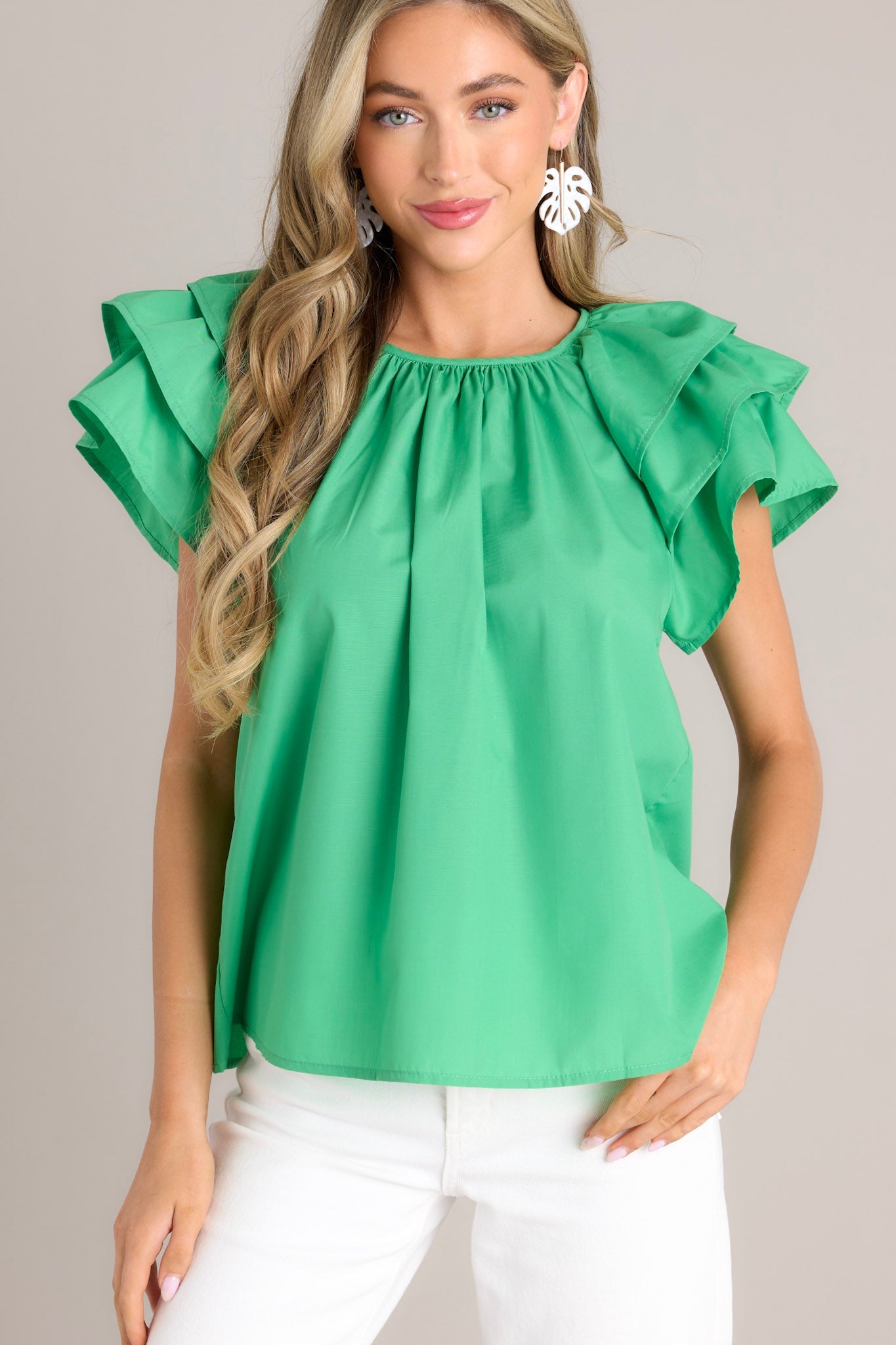 Everyday Radiance Green Ruffle Sleeve Top - Red Dress