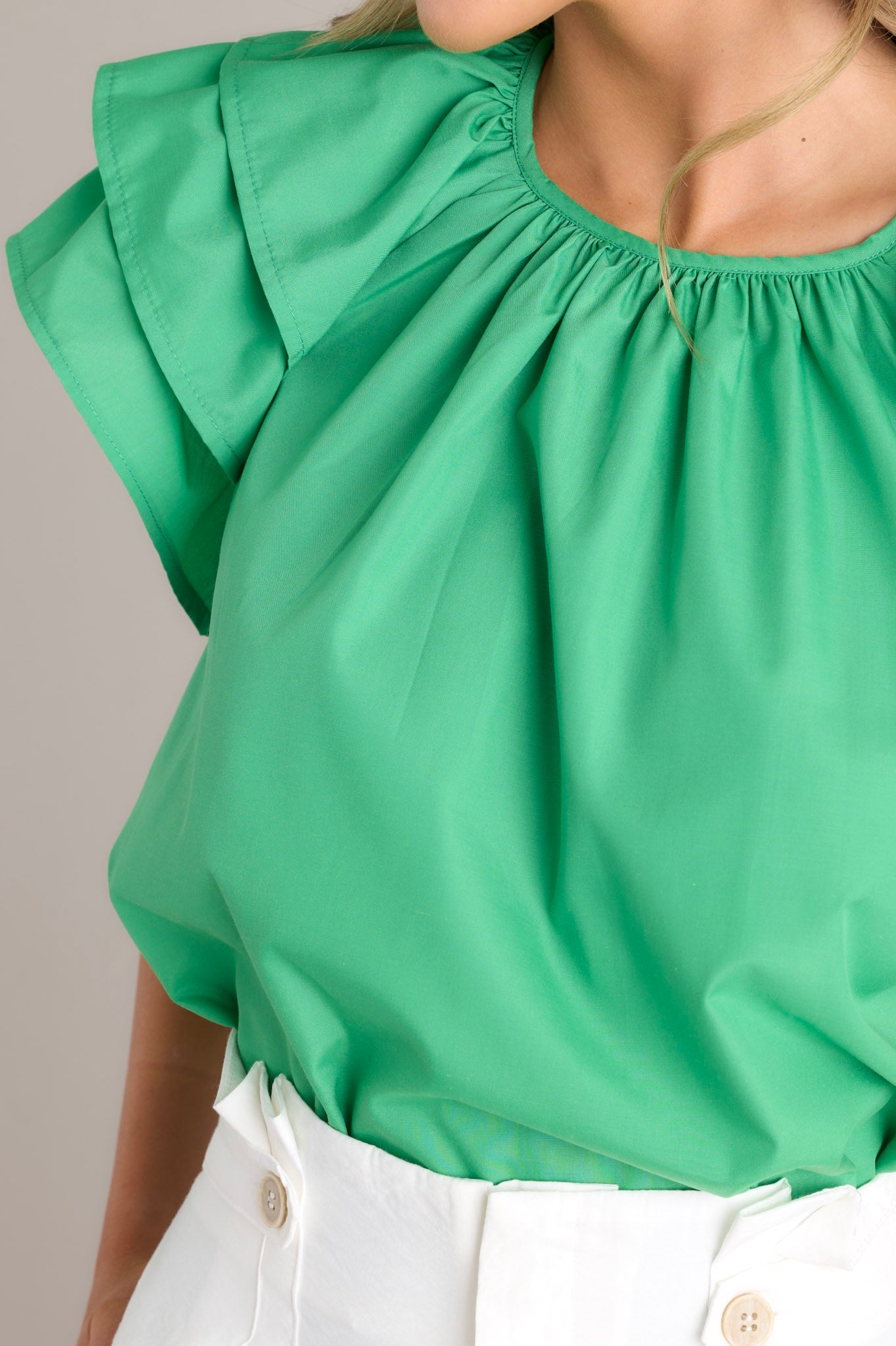 Everyday Radiance Green Ruffle Sleeve Top - Red Dress