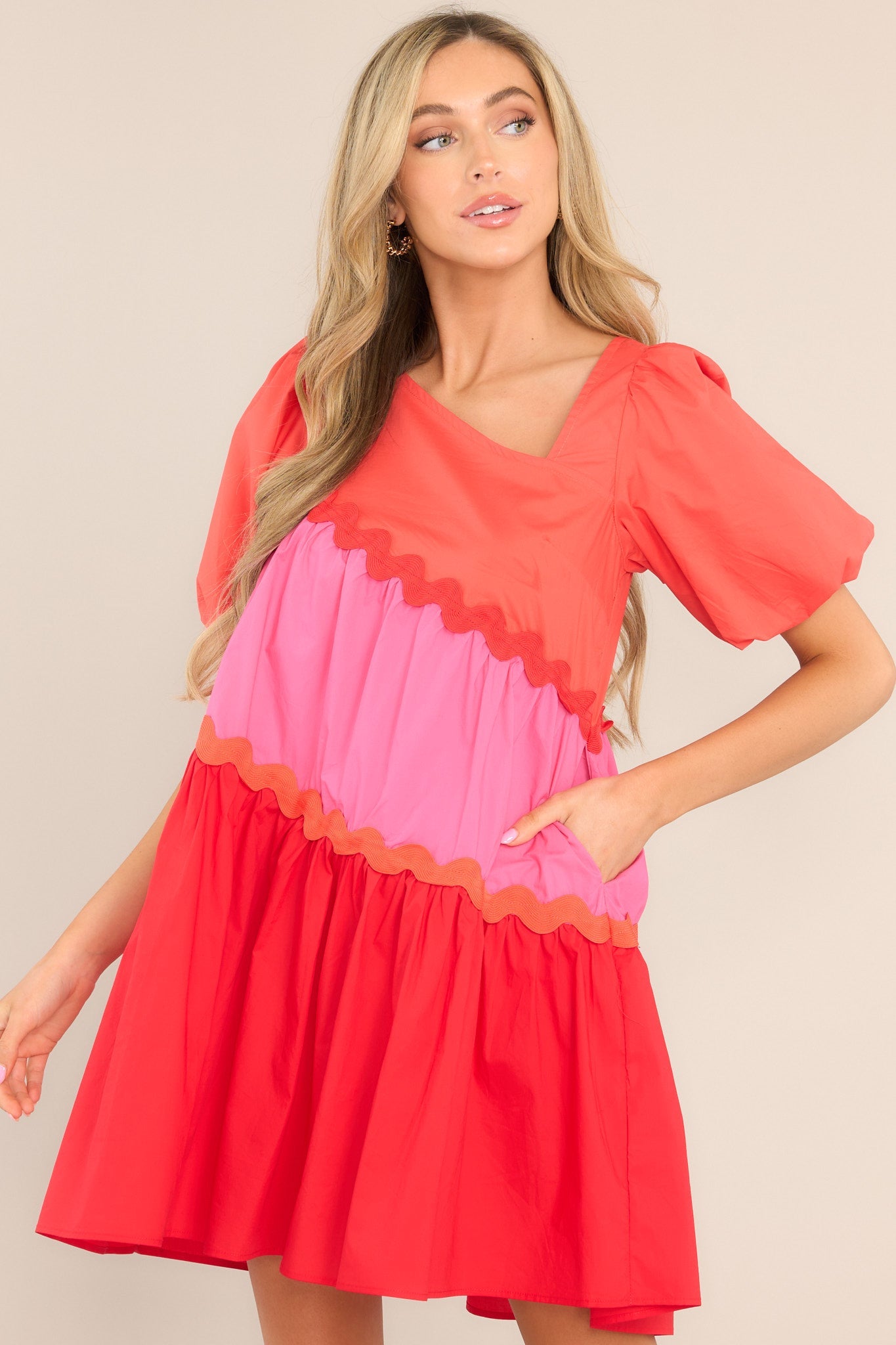 Everyone's Favorite Red Multicolor Rickrack Mini Dress - Red Dress