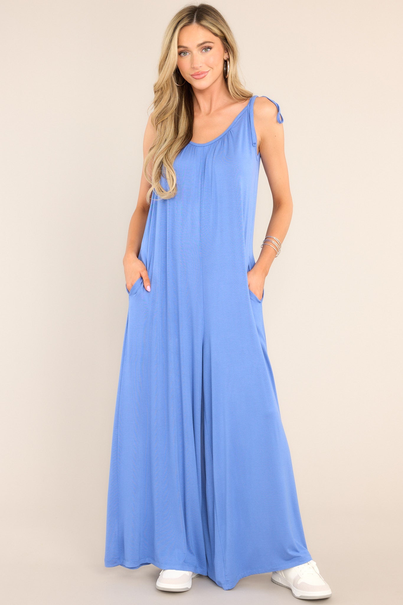 Solid Blue Spaghetti Strap Jumpsuit - Playsuits | Red Dress