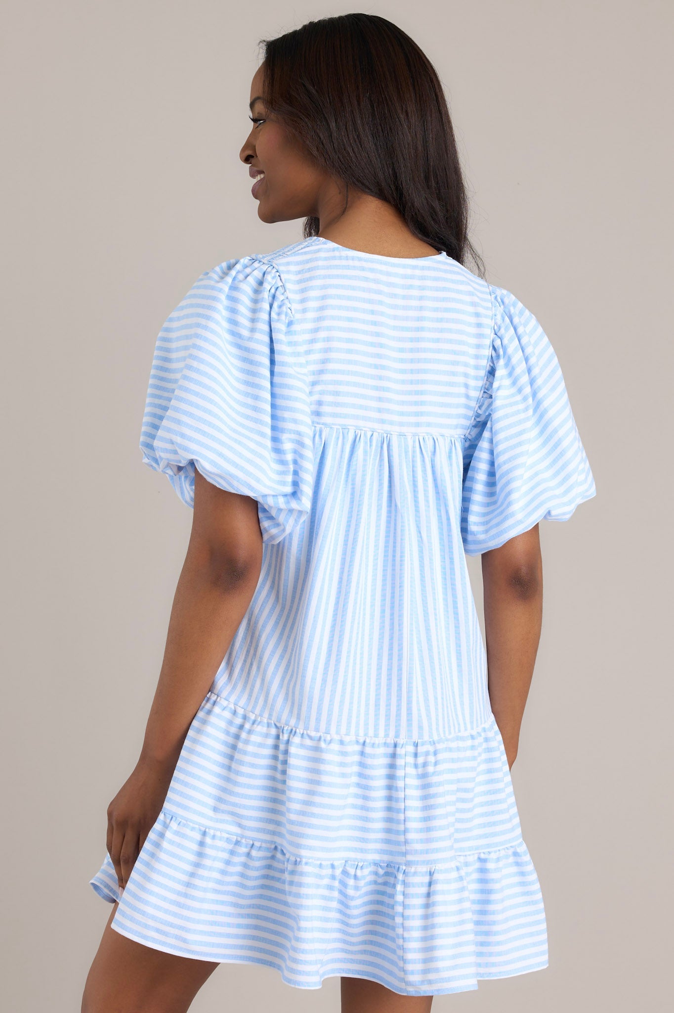 Family Story Light Blue Stripe Mini Dress - Red Dress