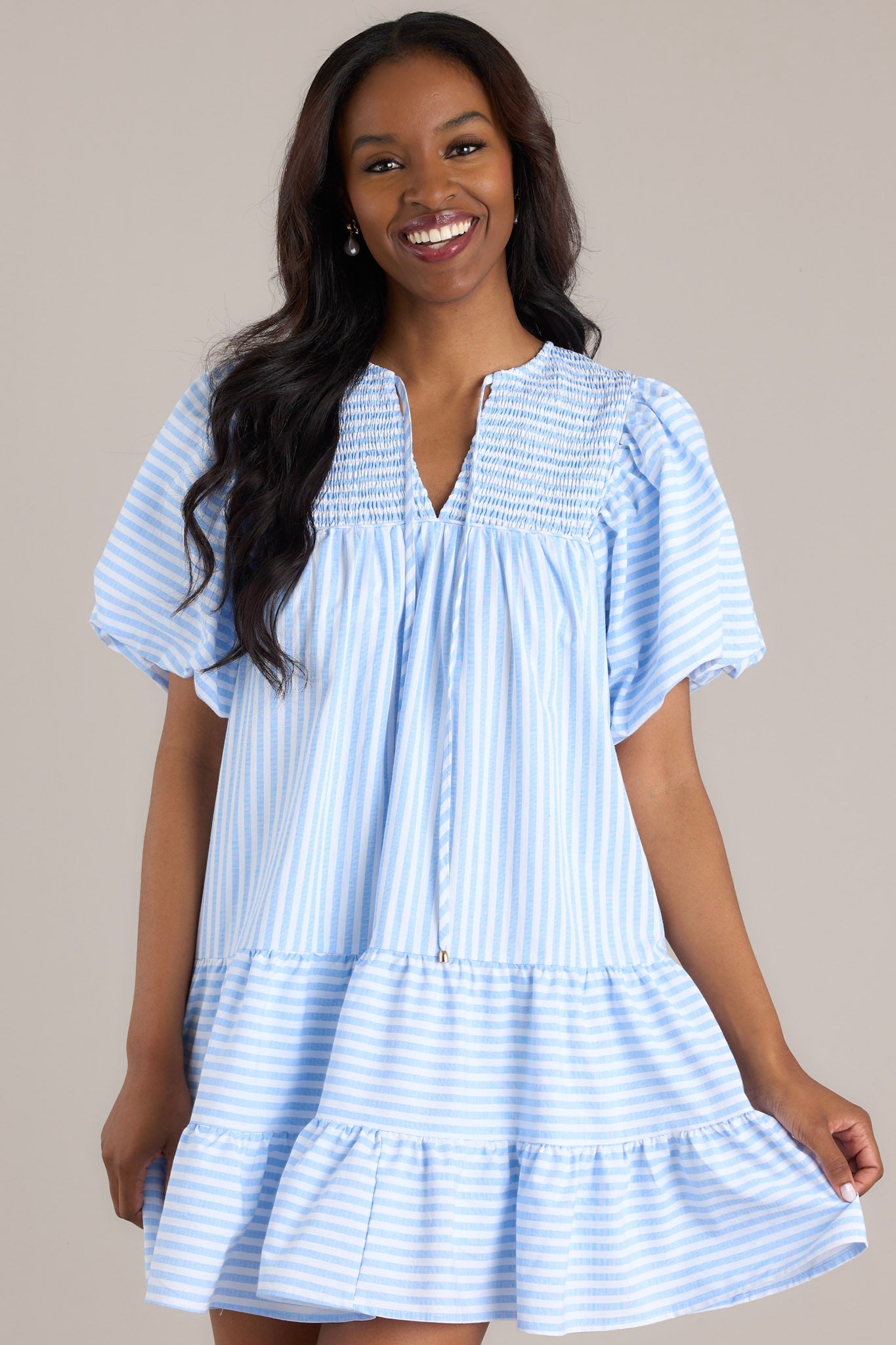 Family Story Light Blue Stripe Mini Dress - Red Dress