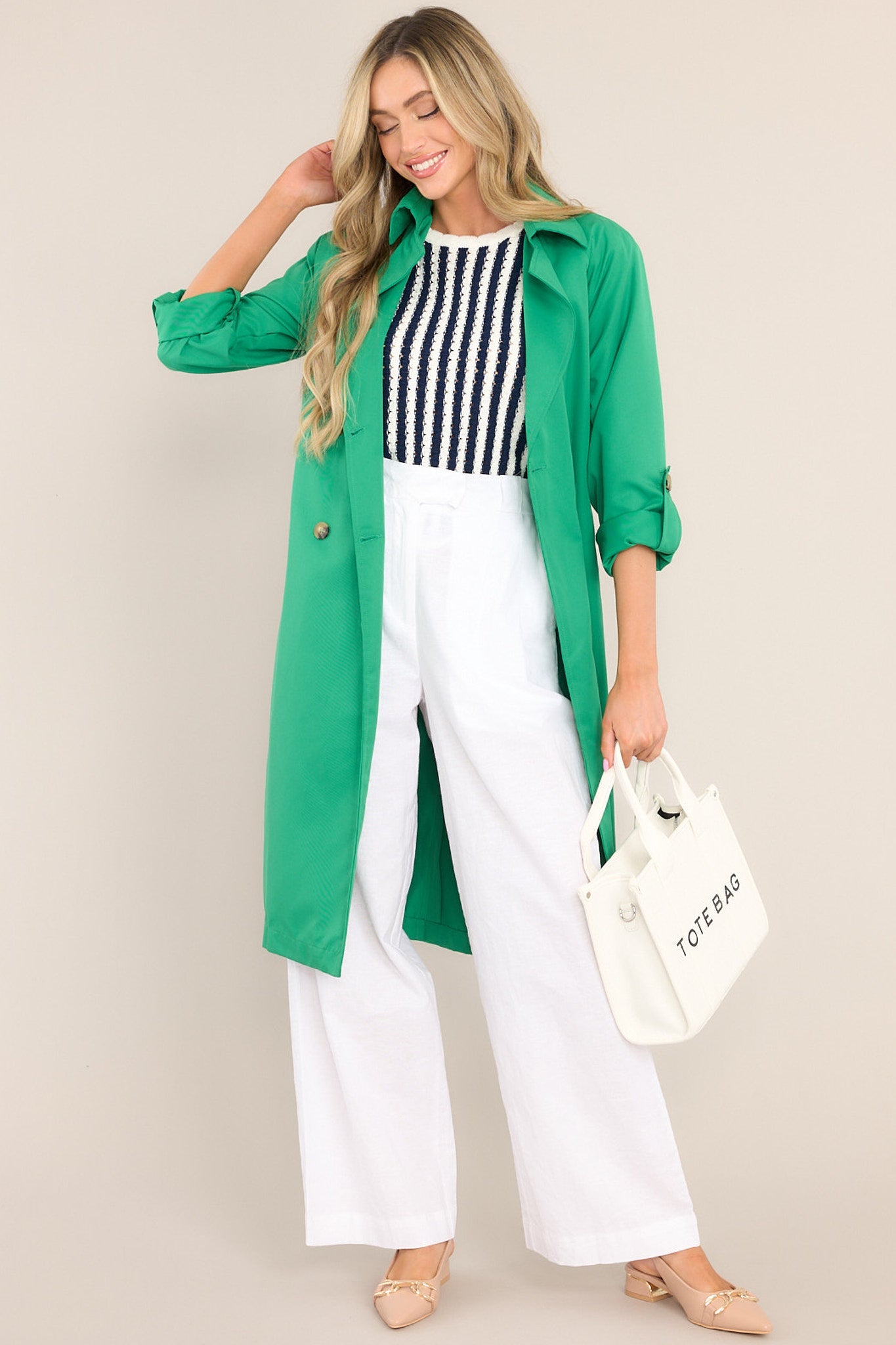 Feeling Lucky Kelly Green Trench Coat - Red Dress