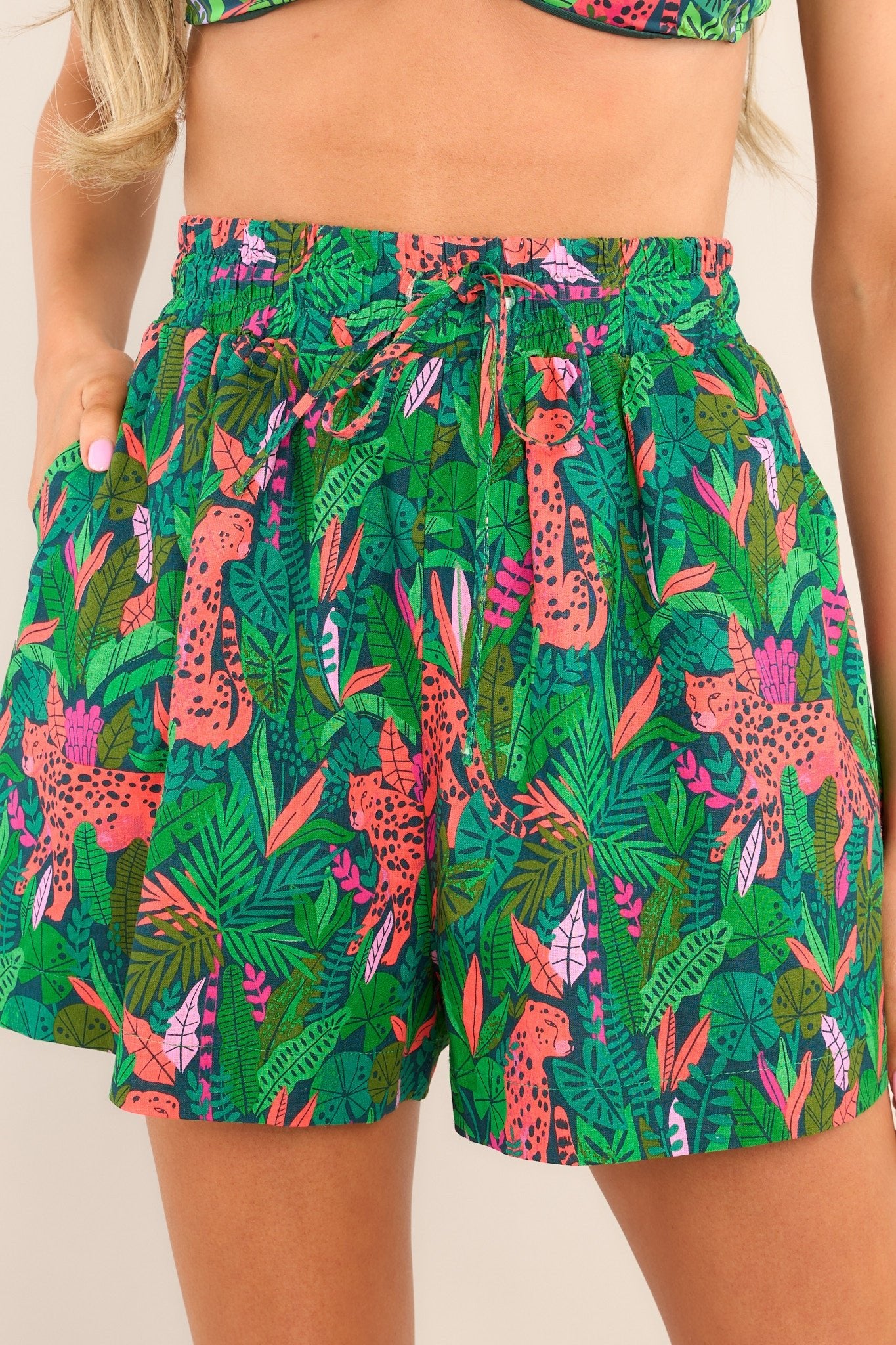 Feeling Wild Green Pink Print Shorts - Red Dress