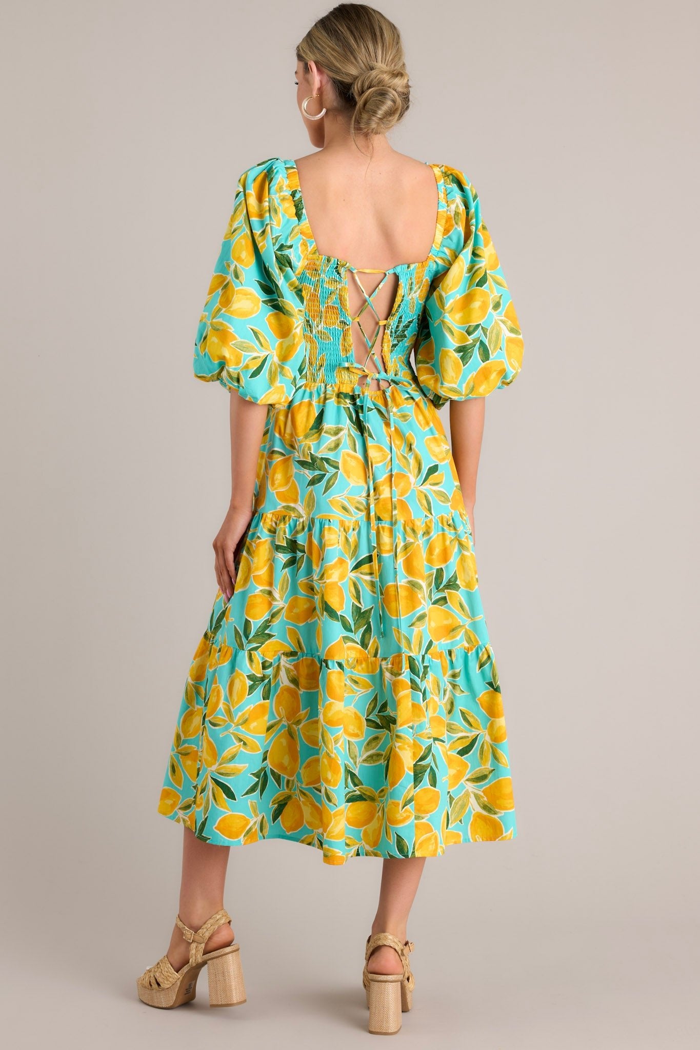 Feeling Zesty Aqua Lemon Print Midi Dress - Red Dress