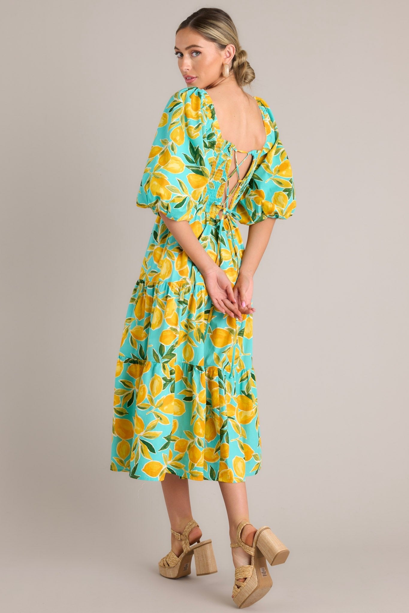 Feeling Zesty Aqua Lemon Print Midi Dress - Red Dress