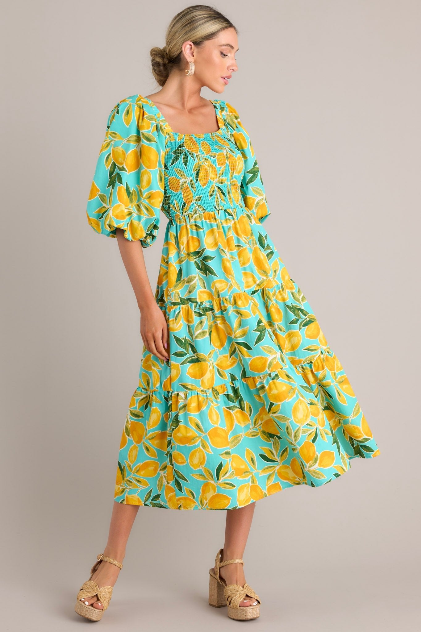 Feeling Zesty Aqua Lemon Print Midi Dress - Red Dress