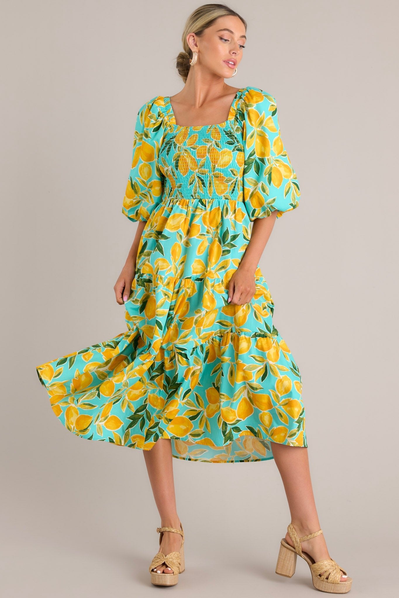 Feeling Zesty Aqua Lemon Print Midi Dress - Red Dress