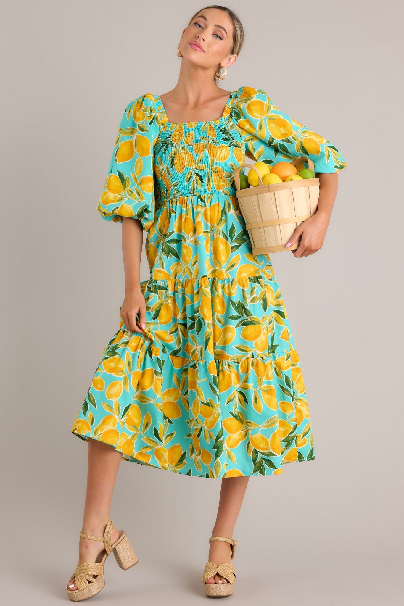 Lemon Print Aqua Puff Sleeve Midi Dress - All Dresses | Red Dress