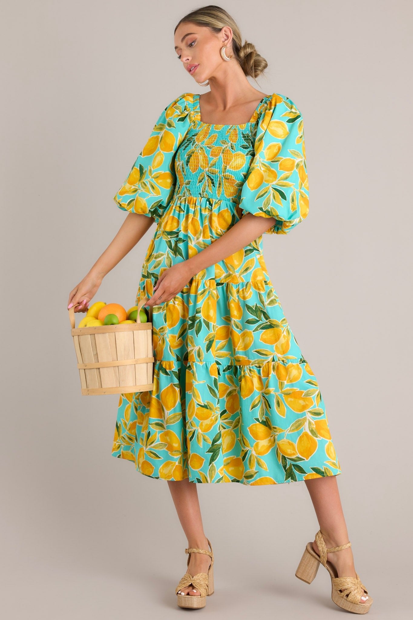 Feeling Zesty Aqua Lemon Print Midi Dress - Red Dress