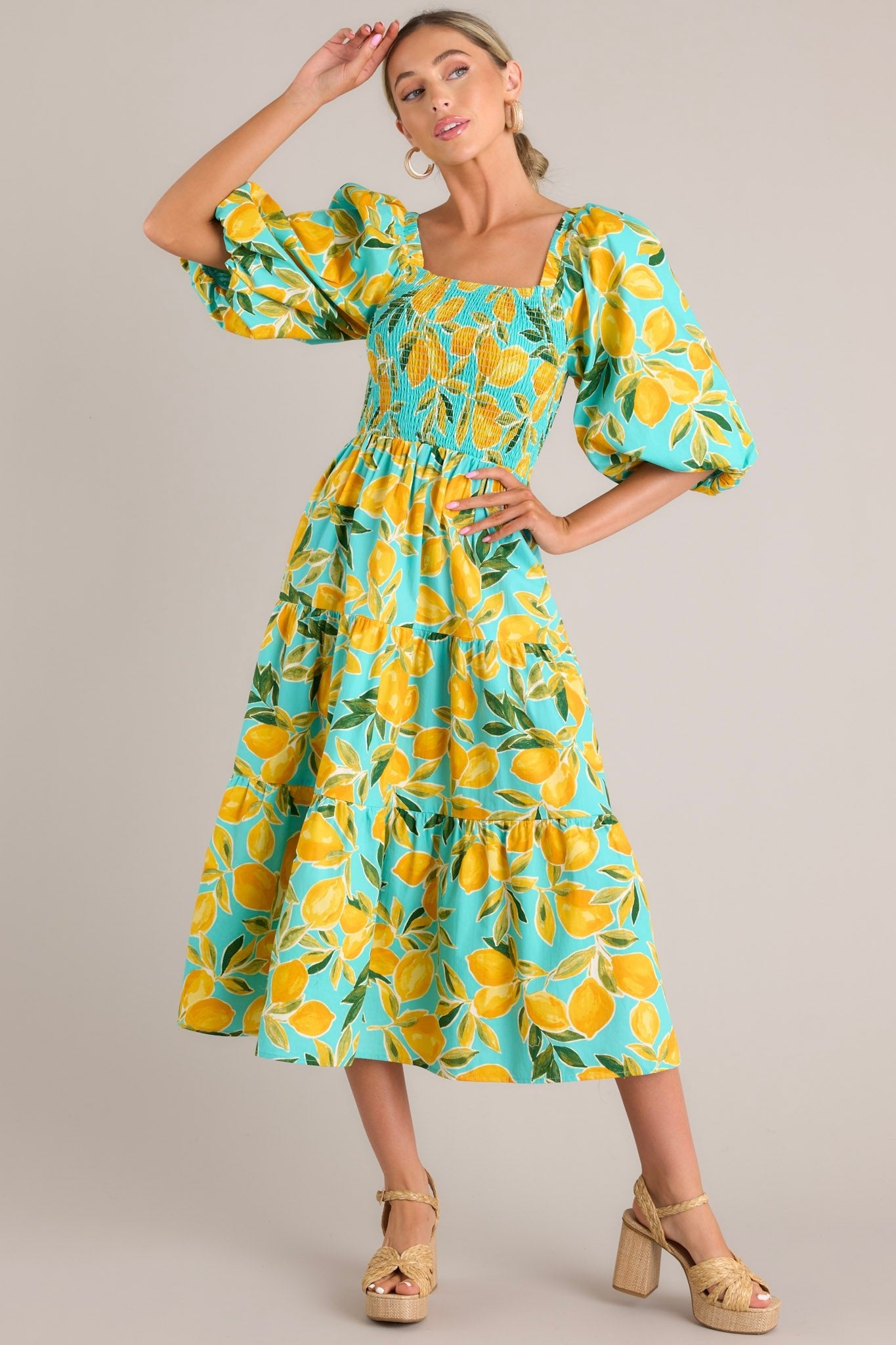 Feeling Zesty Aqua Lemon Print Midi Dress - Red Dress