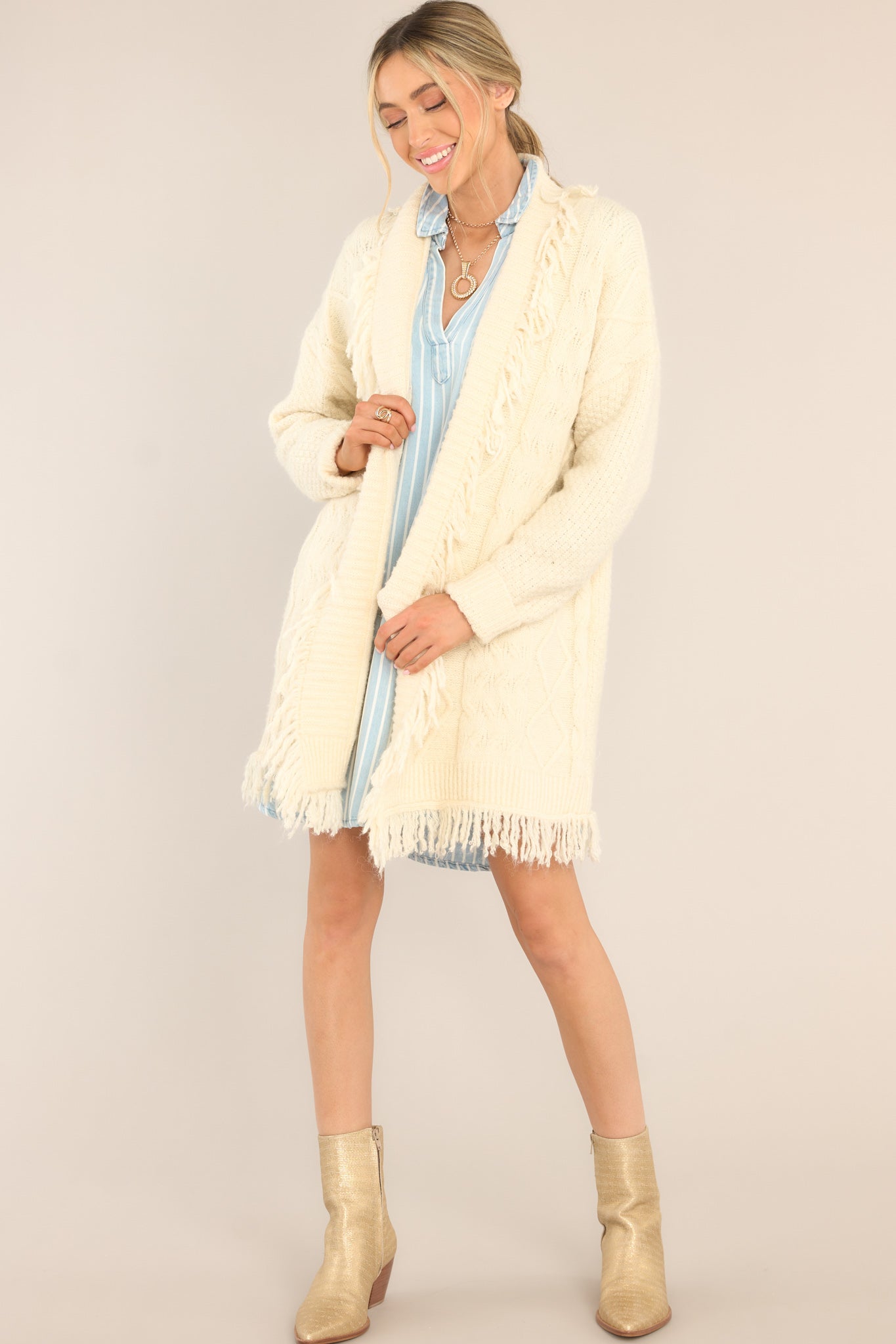 Fight The Feeling Ivory Fringe Cardigan - Red Dress