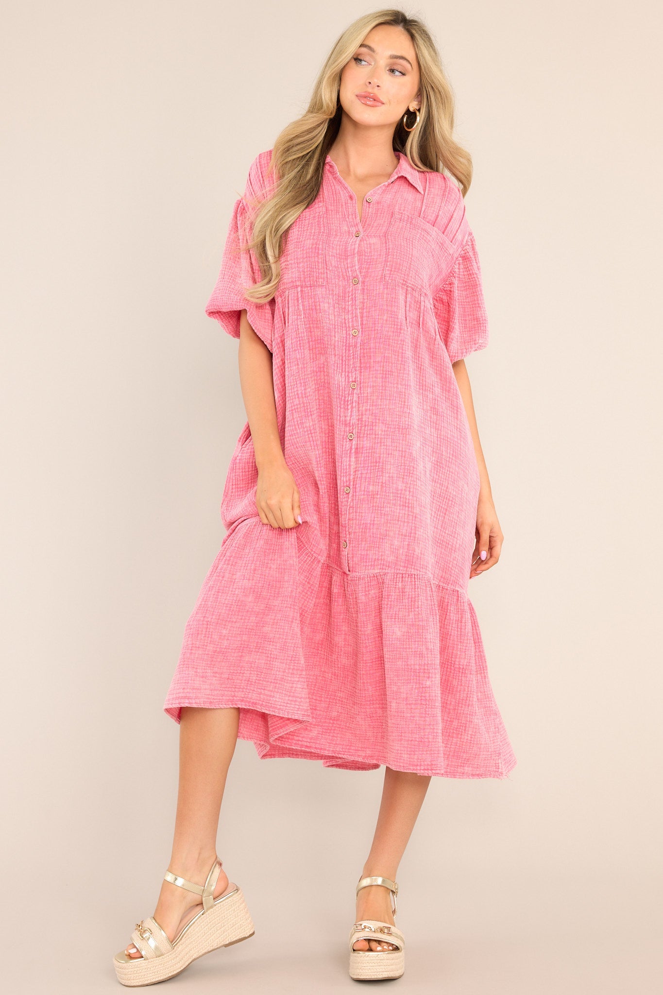 Find Balance Hot Pink Gauze Midi Dress - Red Dress