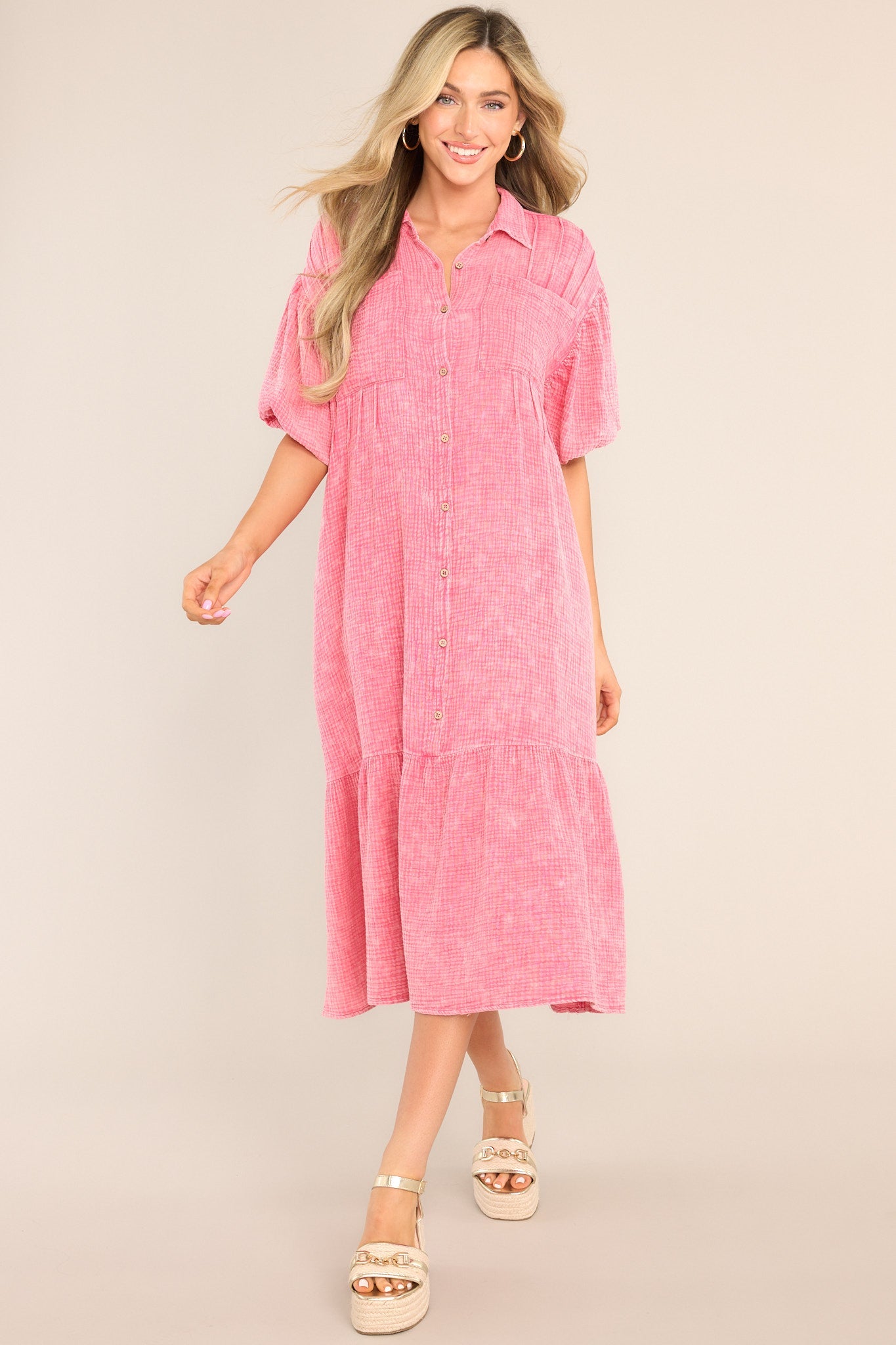 Find Balance Hot Pink Gauze Midi Dress - Red Dress