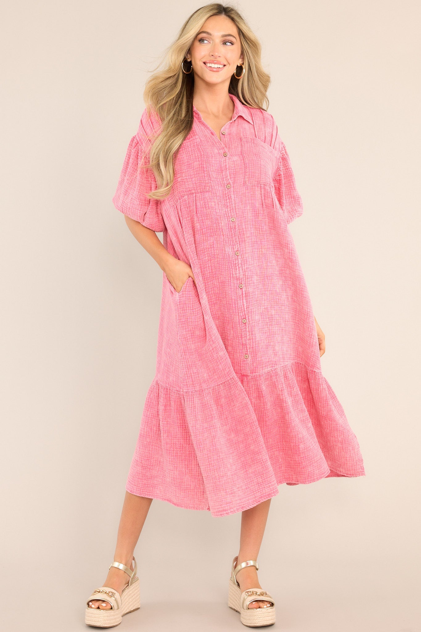 Find Balance Hot Pink Gauze Midi Dress - Red Dress