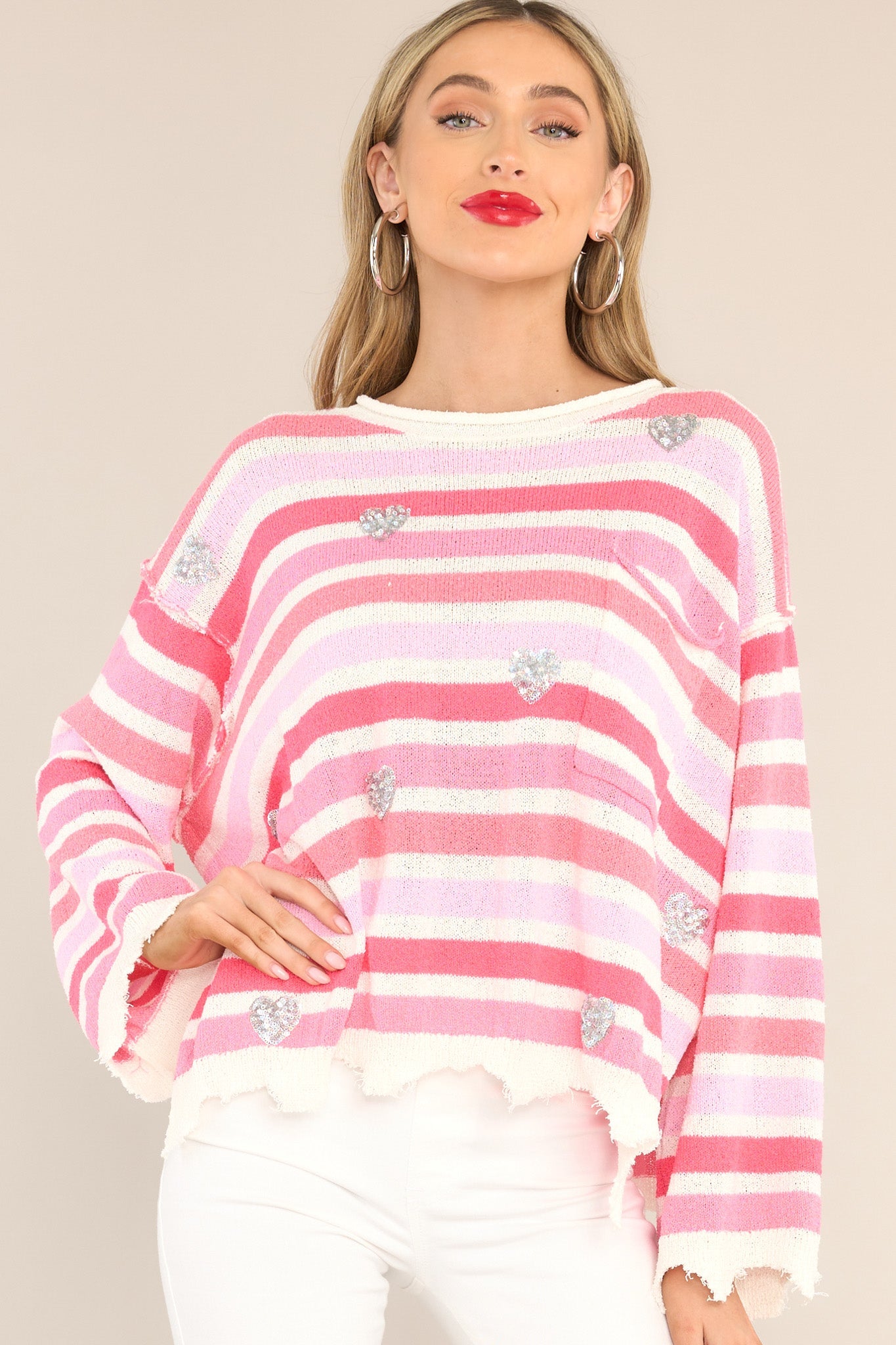 Finding My Love Pink Striped Sweater - Red Dress