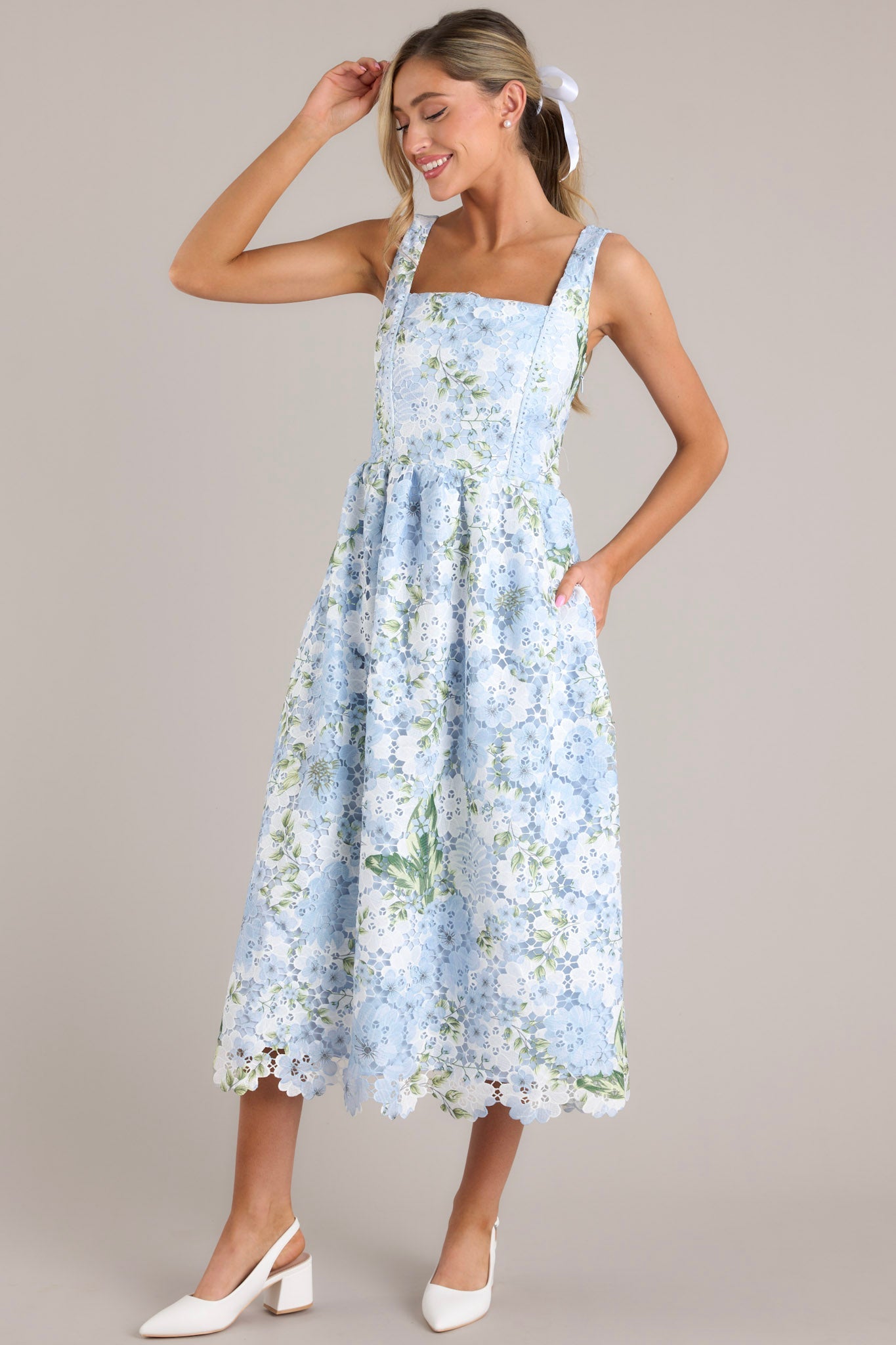 Finding My Peace Sky Blue Floral Embroidered Midi Dress - Red Dress