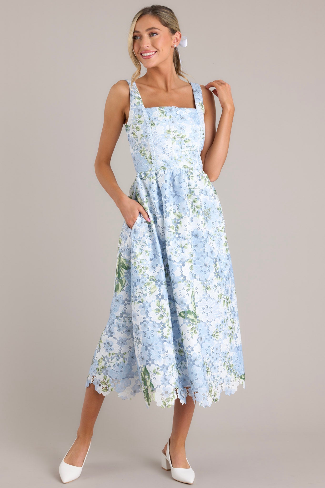 Finding My Peace Sky Blue Floral Embroidered Midi Dress - Red Dress