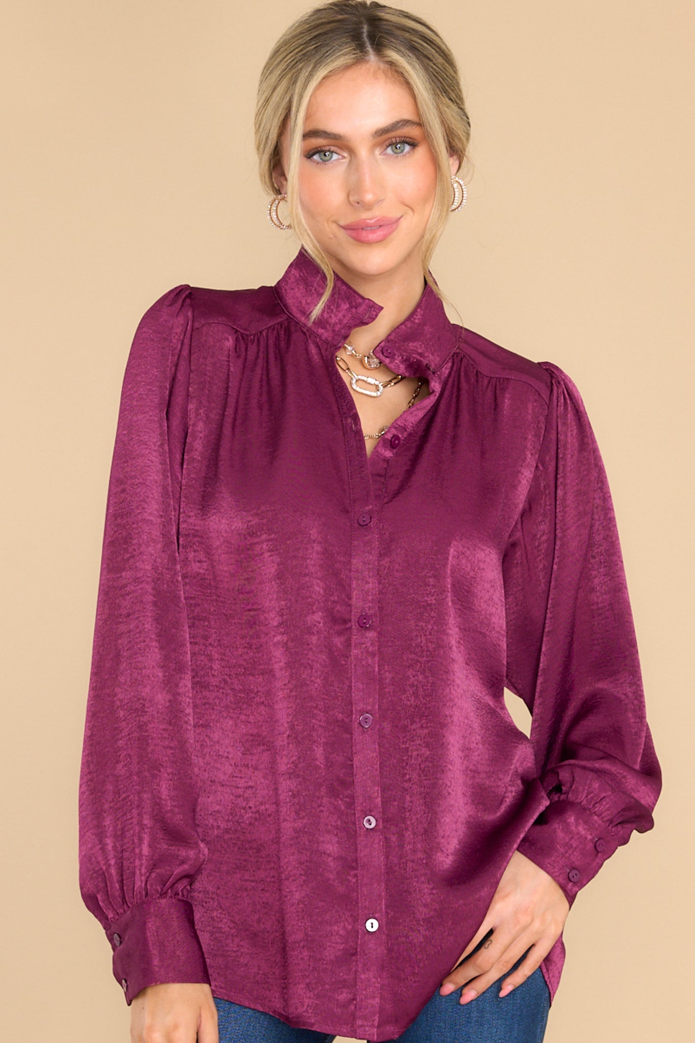 Fine Example Plum Purple Button Front Top - Red Dress