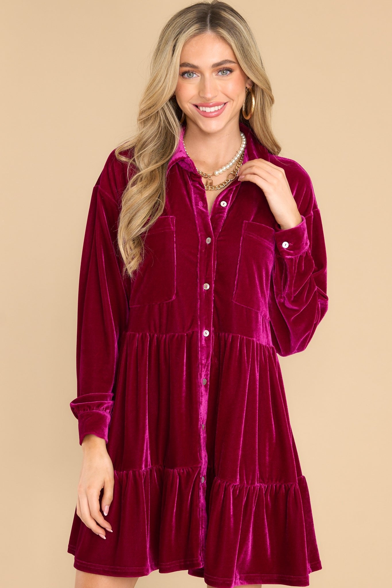 Flaming Embers Berry Faux Velvet Dress - Red Dress