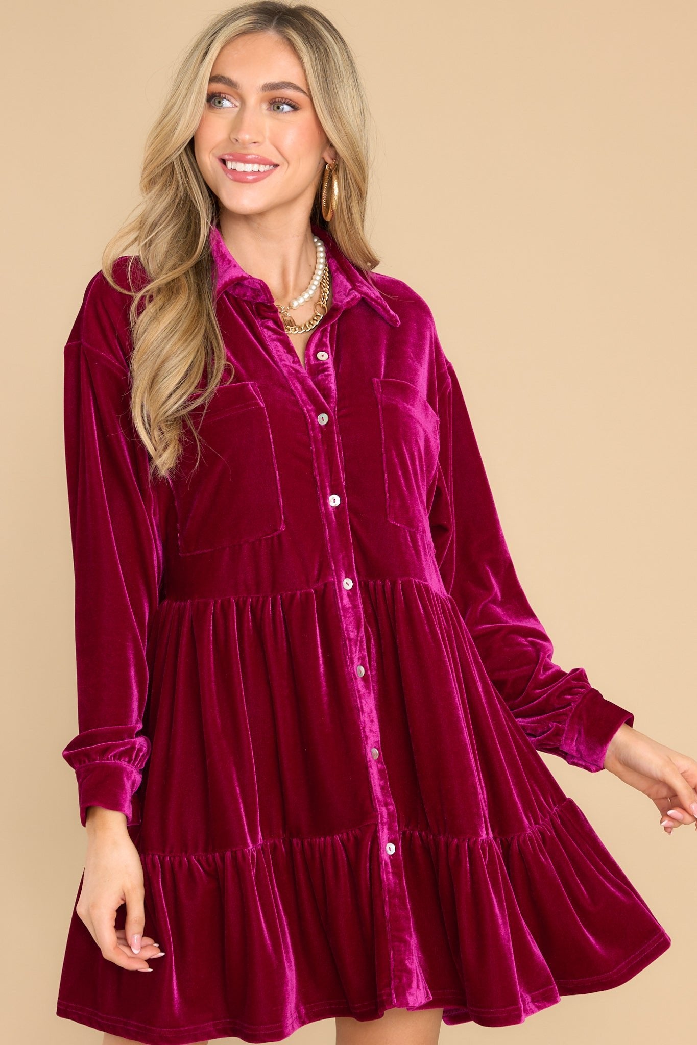 Flaming Embers Berry Faux Velvet Dress - Red Dress