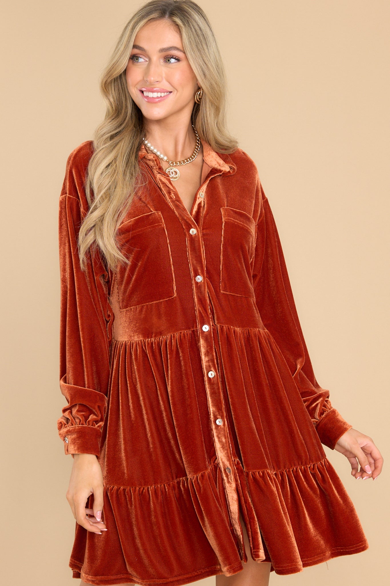 Flaming Embers Ginger Faux Velvet Dress - Red Dress