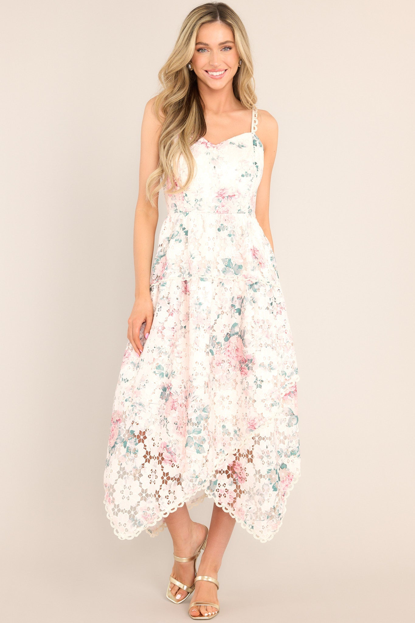 Flirt For Fun Ivory Floral Print Lace Midi Dress - Red Dress