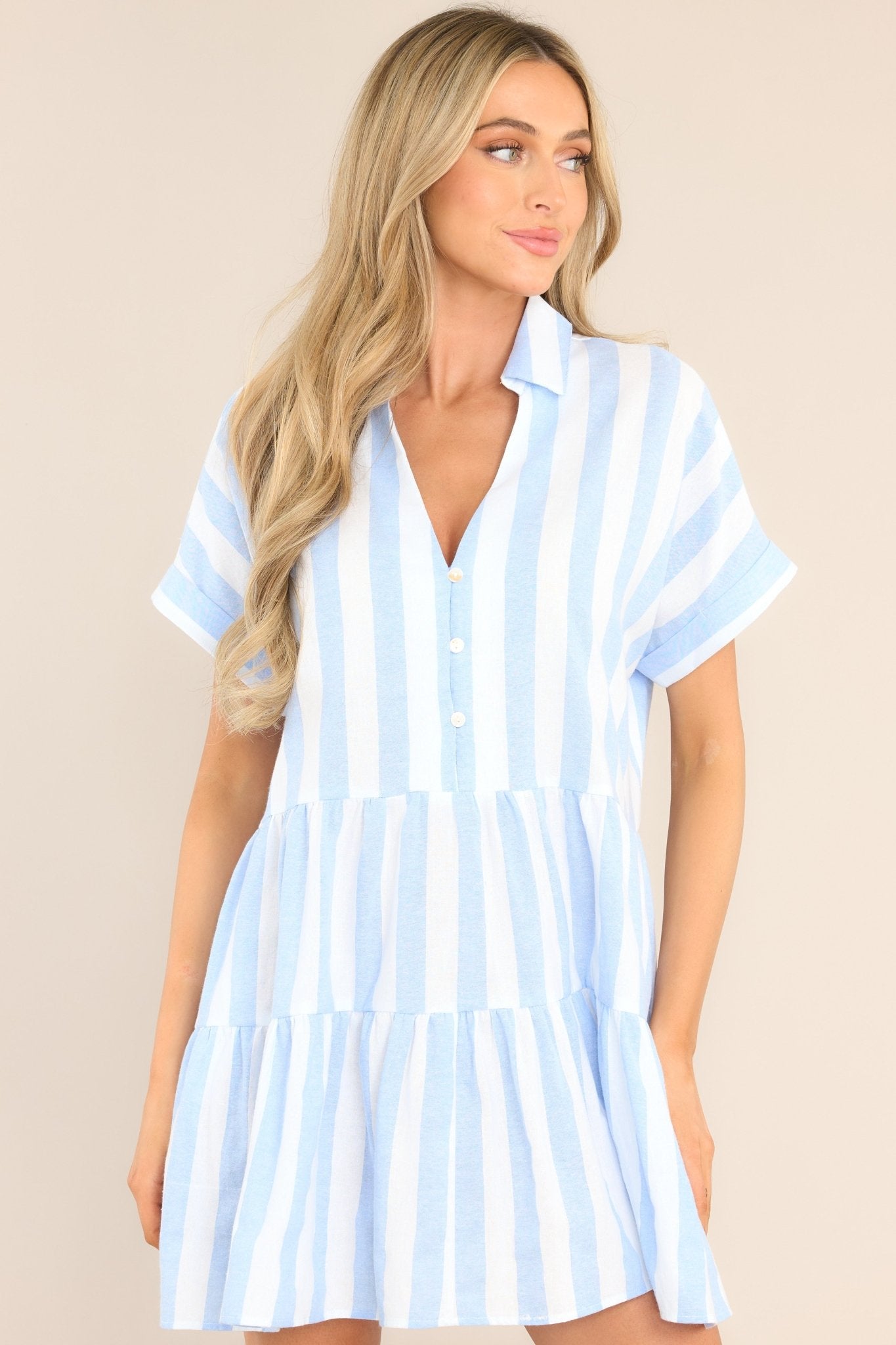 Flying High Light Blue & White Striped Mini Dress - Red Dress