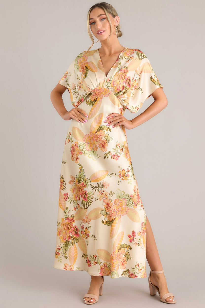 Beige Floral Maxi Dress - All Dresses | Red Dress